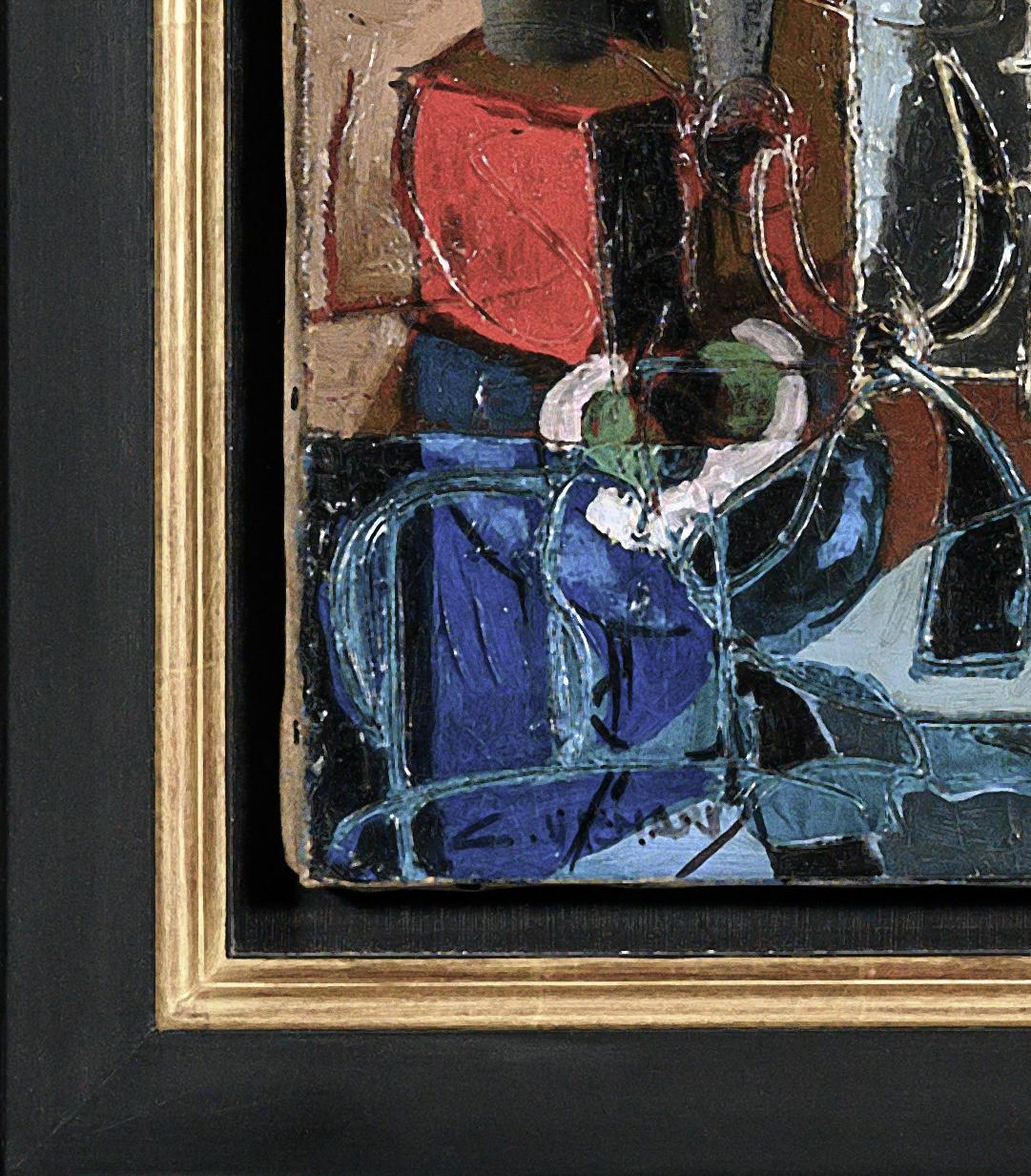 'le Damier' Abstract Still Life interior Painting, checkerboard, blue, red For Sale 1