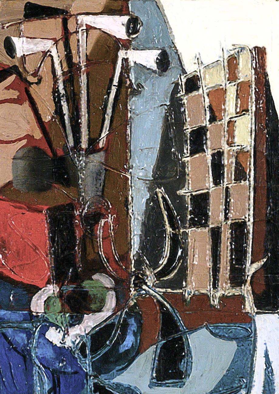 'le Damier' Abstract Still Life interior Painting, checkerboard, blue, red For Sale 2