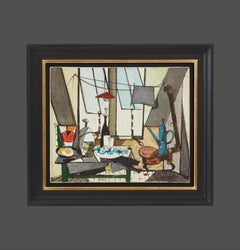 le Petit Déjeuner abstract cubist interior still life painting, studio, windows