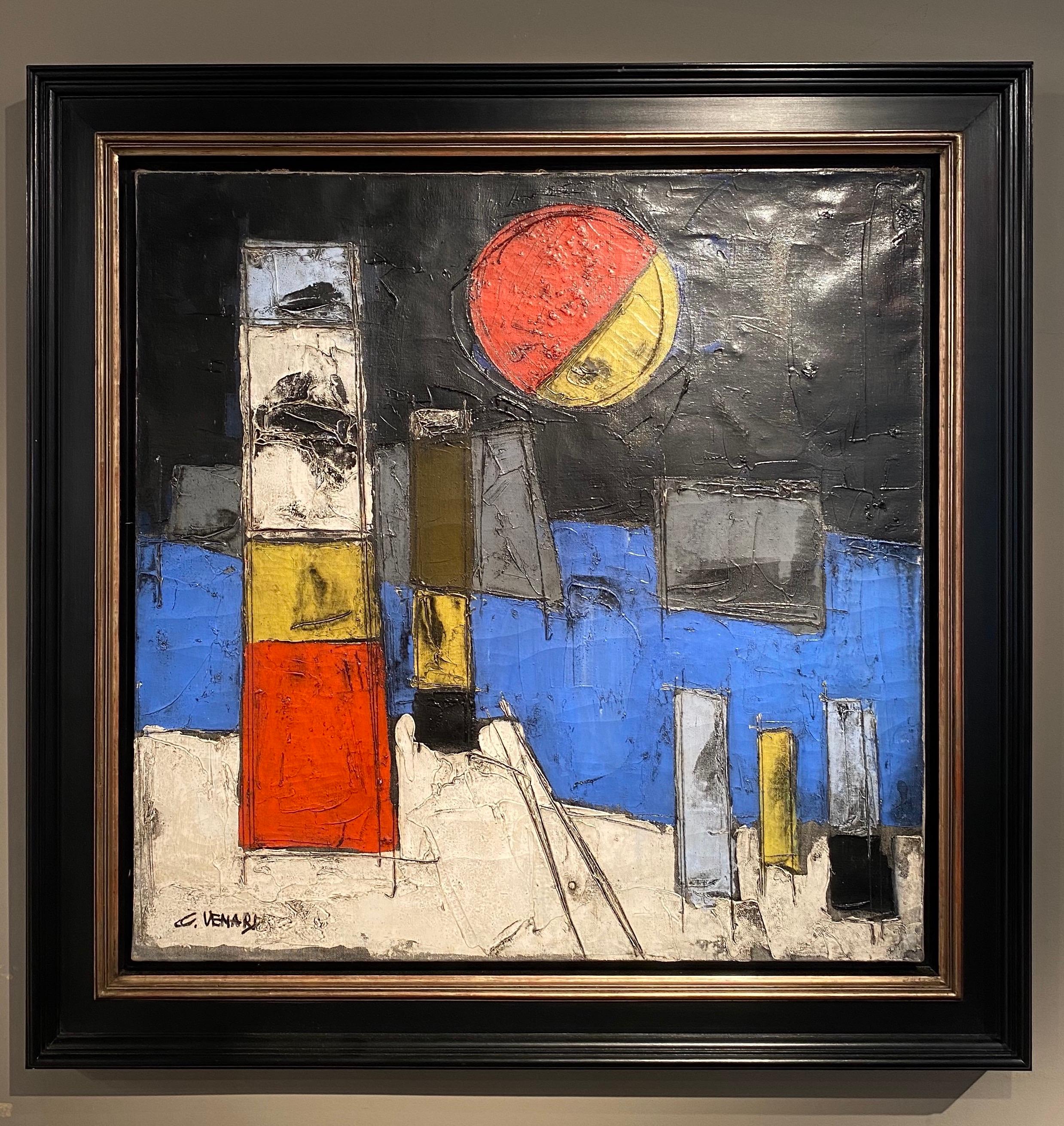 'Le Port' Abstract landscape painting of a harbour, boat, lighthouse and moon - Painting by Claude Vénard