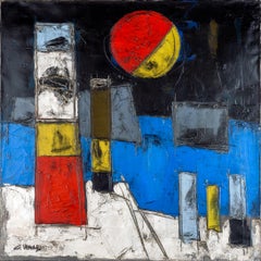 'Le Port' Abstract landscape painting of a harbour, boat, lighthouse and moon