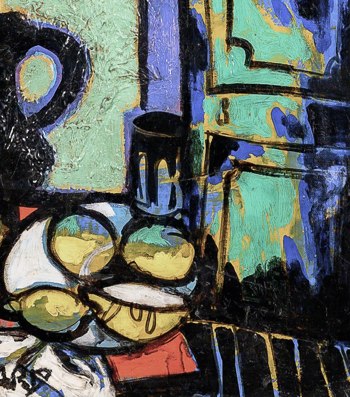 'les Citron' di Claude Venard è una natura morta astratta e colorata che raffigura limoni, una brocca e un vaso di vernice. 'les Citron' mette in mostra la maestria di Venard nell'uso dell'impasto spesso e della texture. Utilizzando colori ricchi e