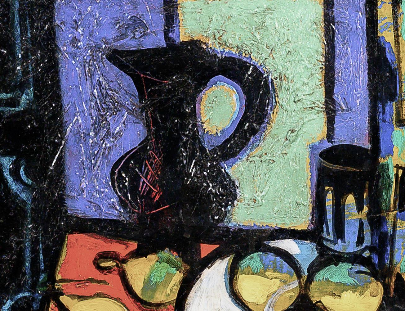 Pittura di natura morta astratta colorata con limoni gialli, rossi e 'les Citrons'. in vendita 1