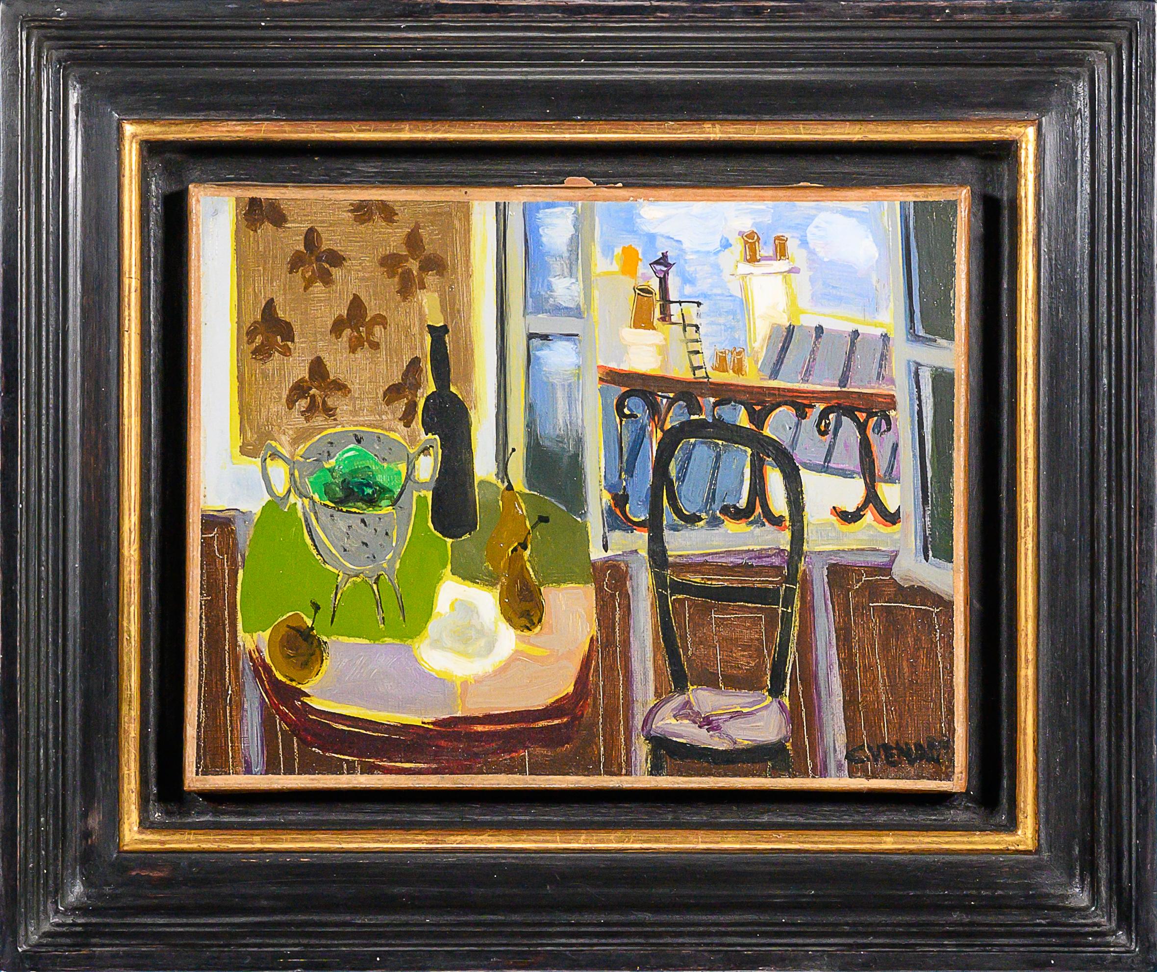 'Nature Morte au Toit' Escena interior abstracta, Ventana al horizonte de París - Painting de Claude Vénard