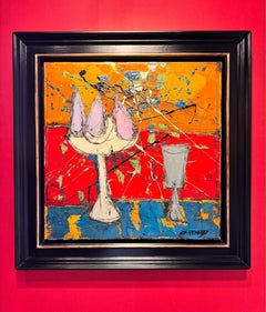 Nature Morte aux Poires abstract still life painting of fruit, red, yellow, blue