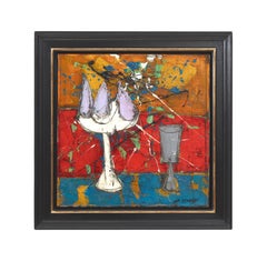 Nature Morte aux Poires abstract still life painting of fruit, red, yellow, blue