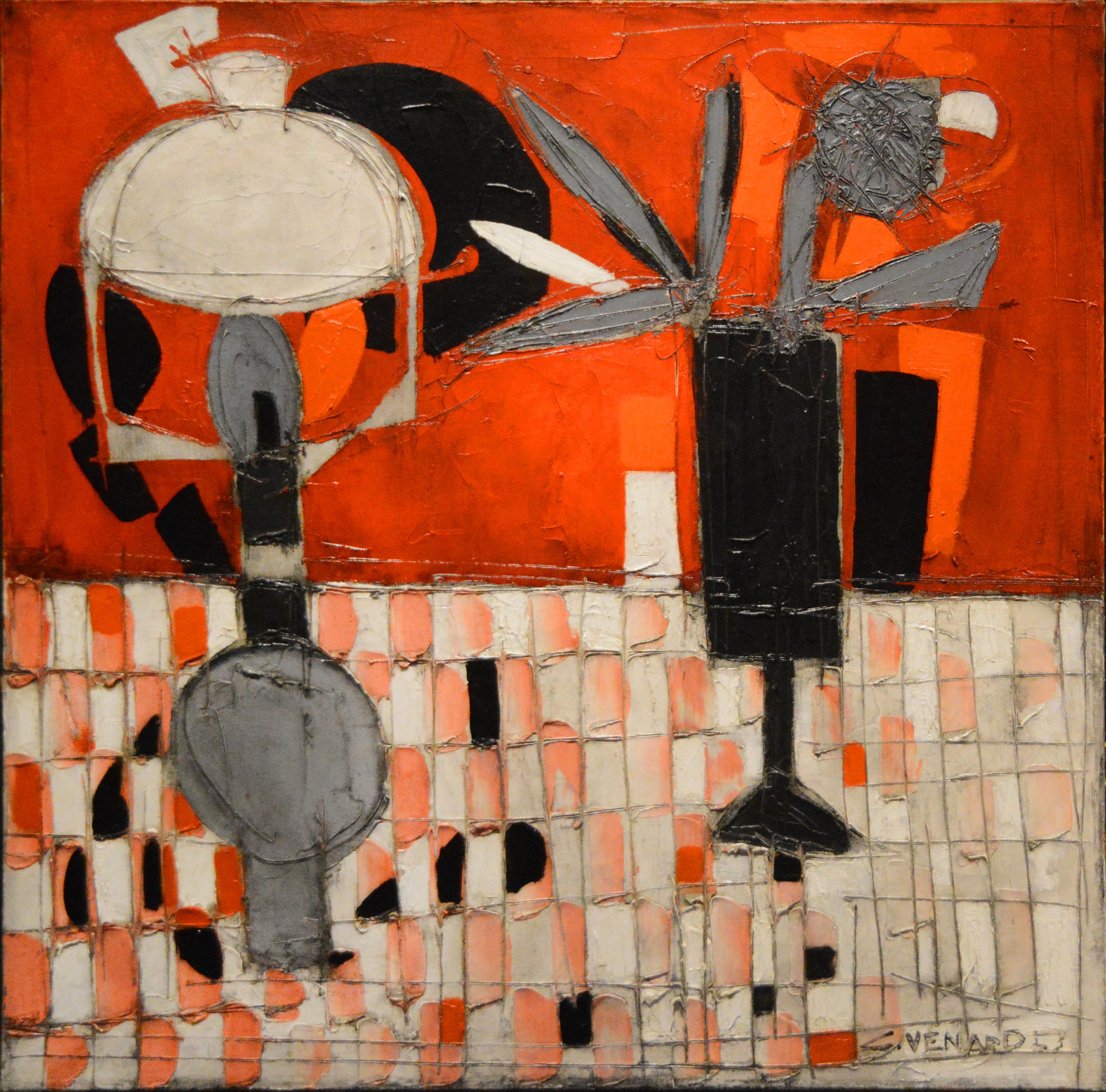 Claude Vénard Abstract Painting - Nature morte en rouge et noir (Still-life in Red and Black), 1953