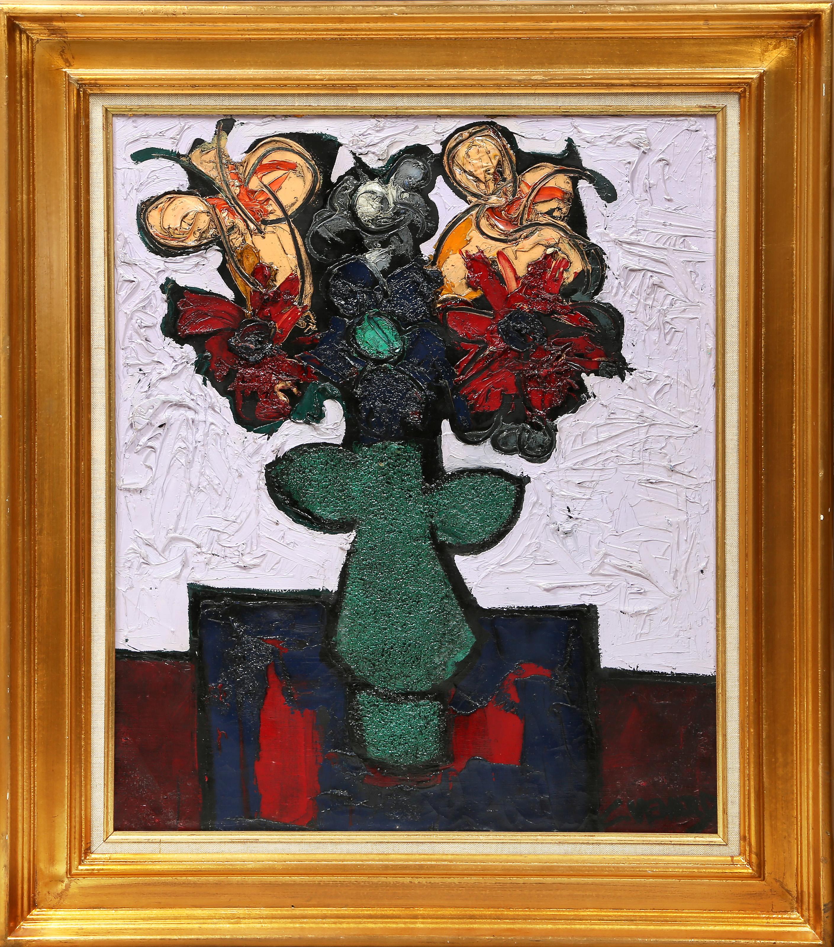 Still-Life Painting di Claude Vénard - Nature morte florale, Pittura a olio moderna e sabbia su tela di Claude Venard