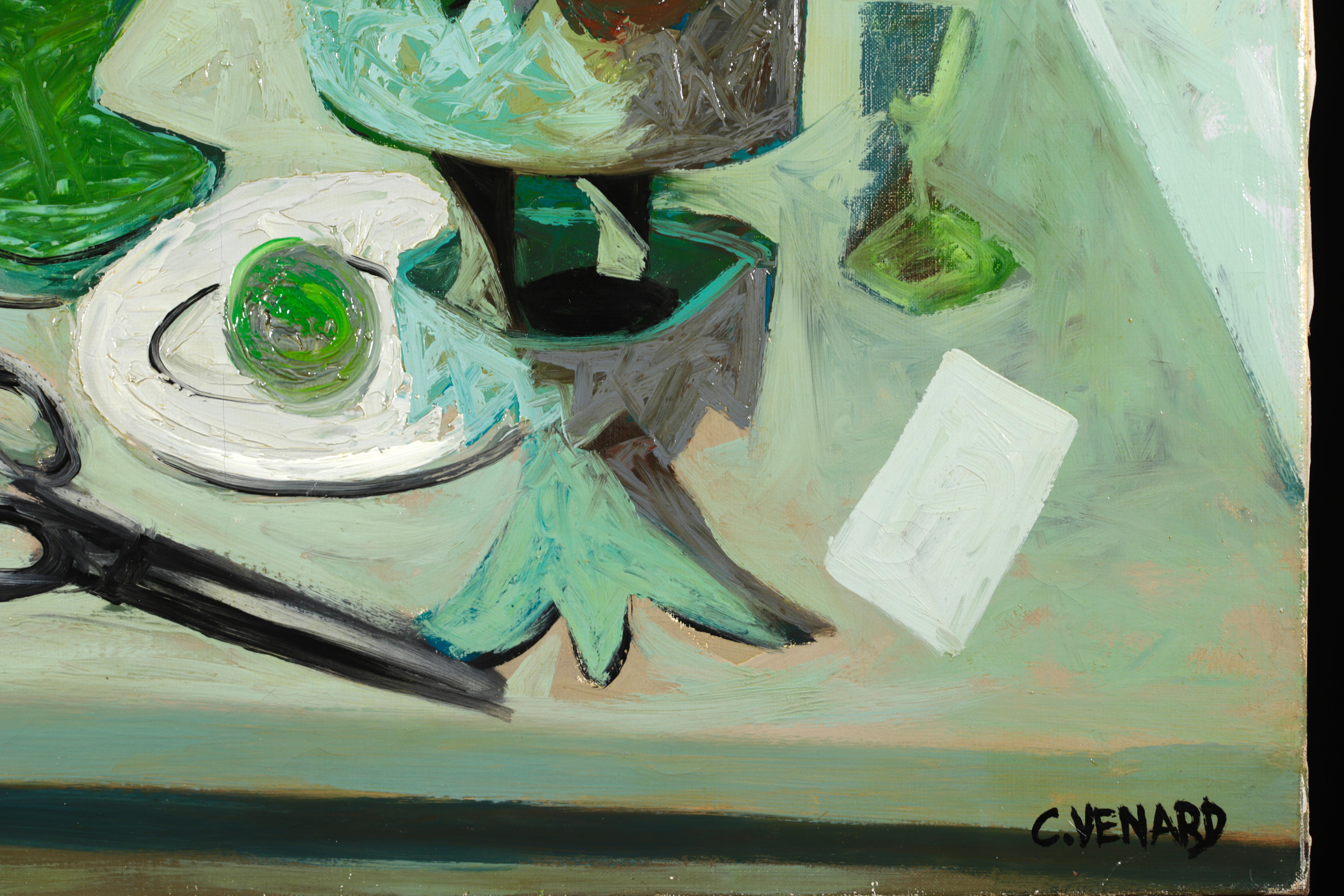 Paintbrush, Vases & Fruits - Post Cubist Still Life Oil by Claude Venard For Sale 6