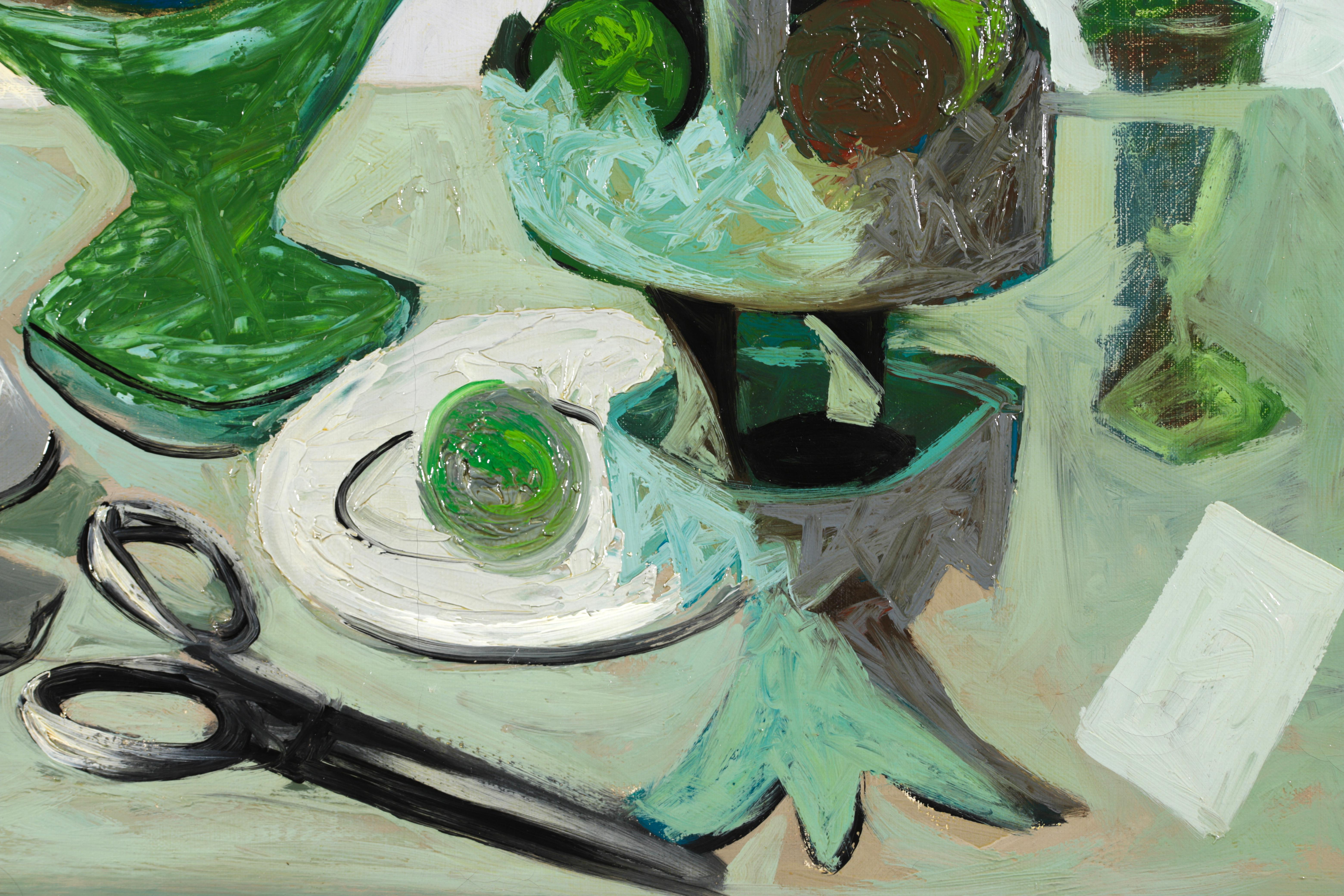 Paintbrush, Vases & Fruits - Post Cubist Still Life Oil by Claude Venard For Sale 7