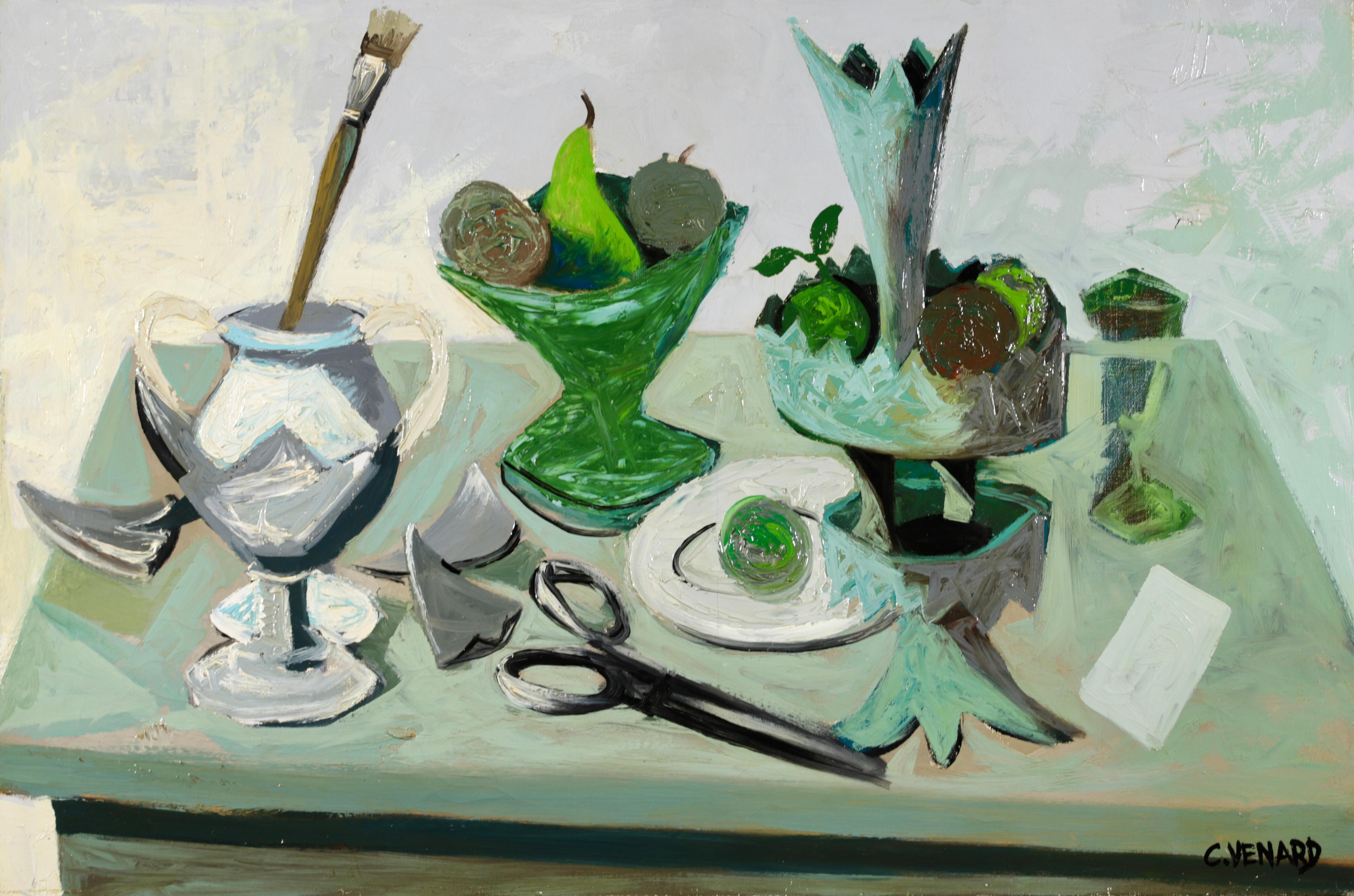 Pinceau, vases et fruits - Nature morte post-cubiste à l'huile de Claude Venard - Painting de Claude Vénard