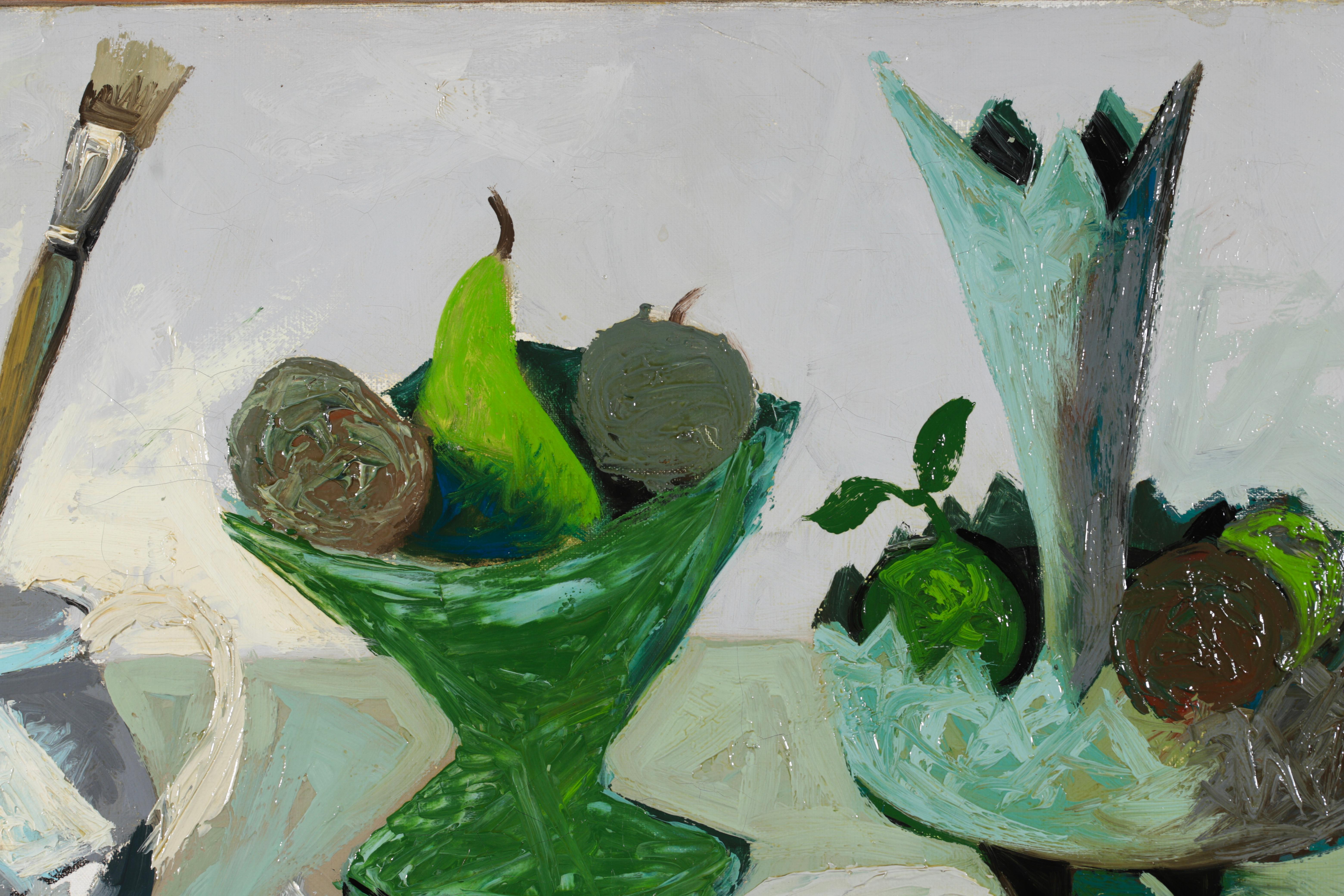 Signed post-cubist oil on canvas circa 1950 by French painter Claude Venard. The piece, painted predominantly in green and grey tones depicts various items placed on a table - a vase with a paintbrush in it, fruit bowls filled with pears and apples,