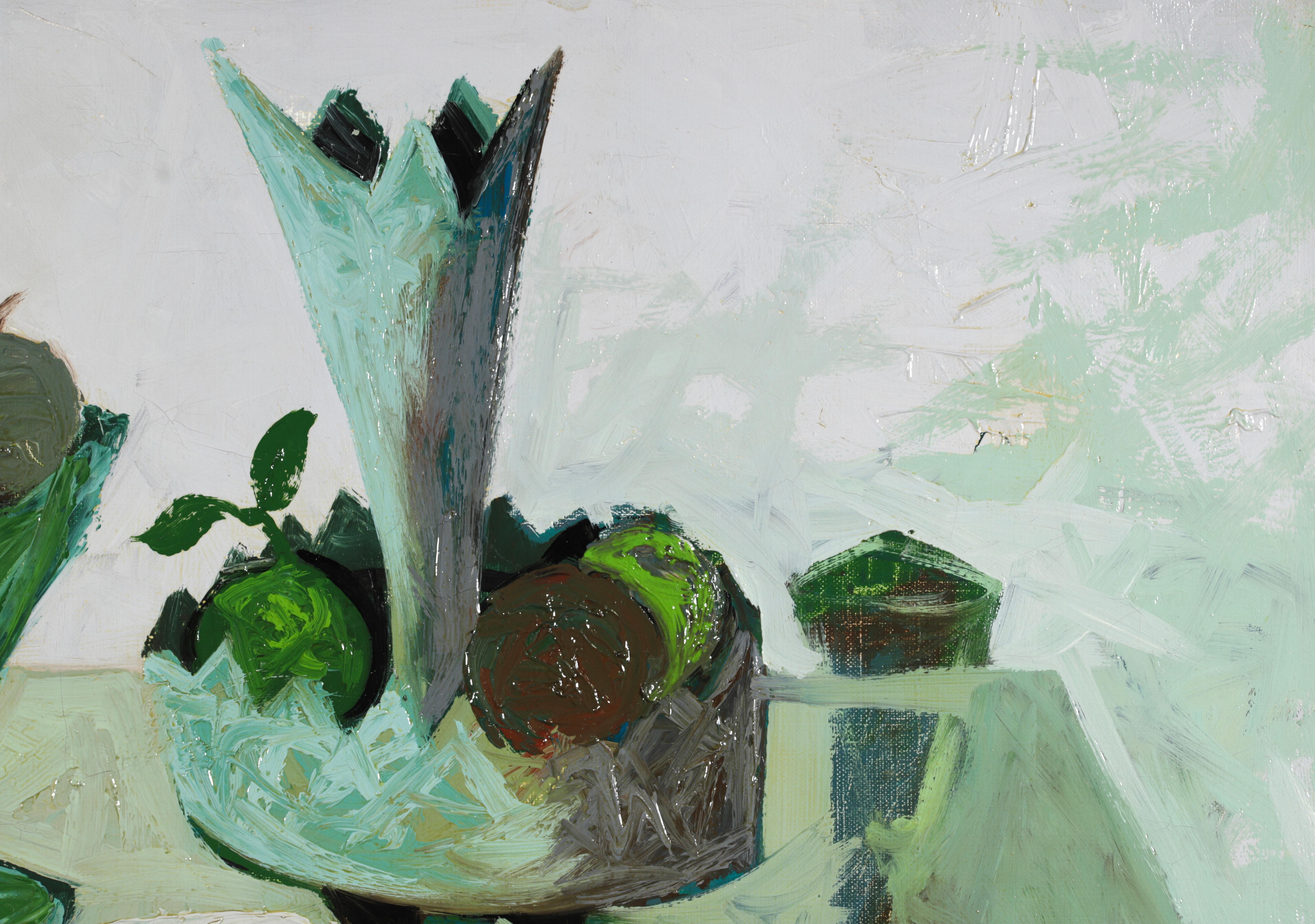 Paintbrush, Vases & Fruits - Post Cubist Still Life Oil by Claude Venard For Sale 1