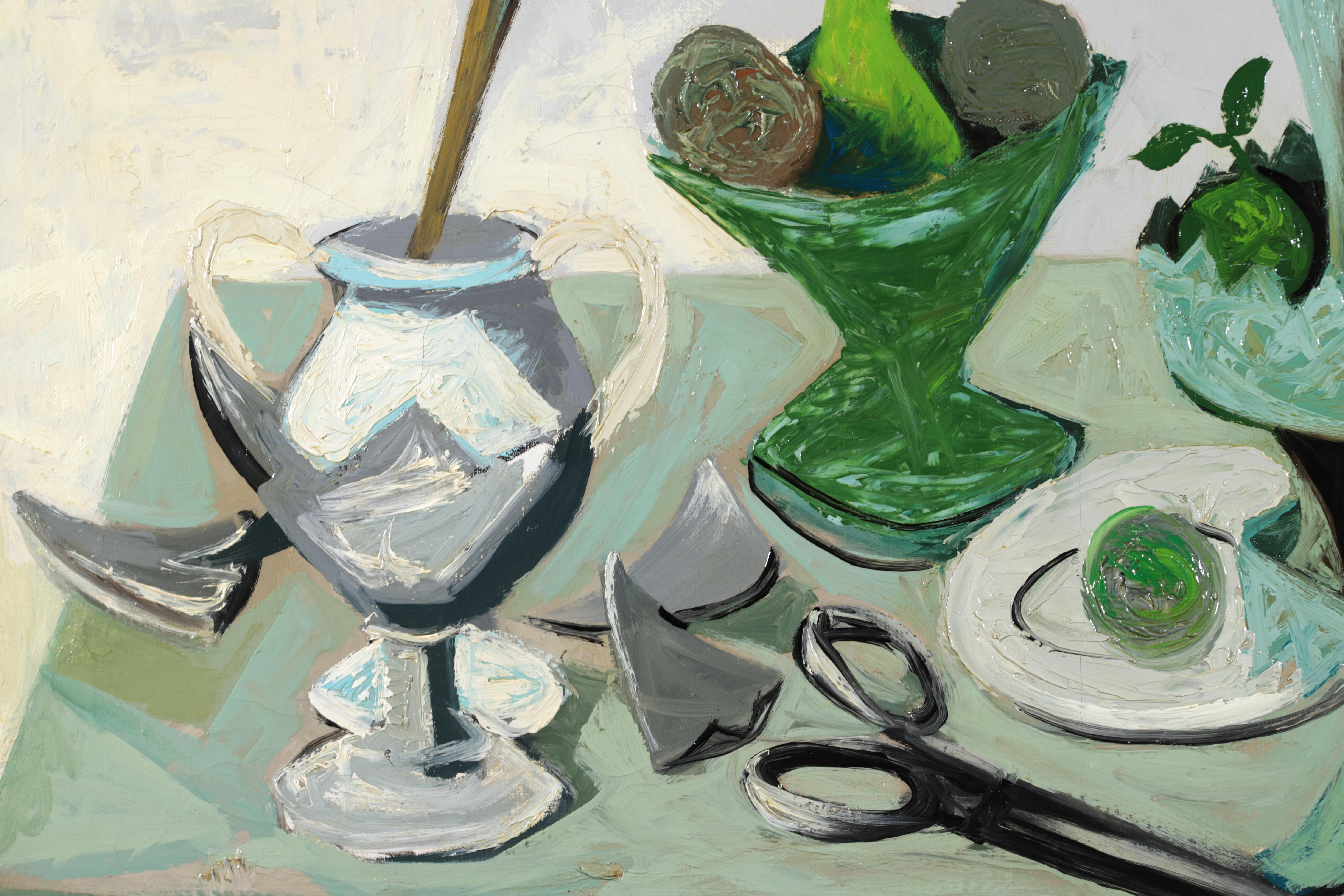 Pinceau, vases et fruits - Nature morte post-cubiste à l'huile de Claude Venard en vente 1