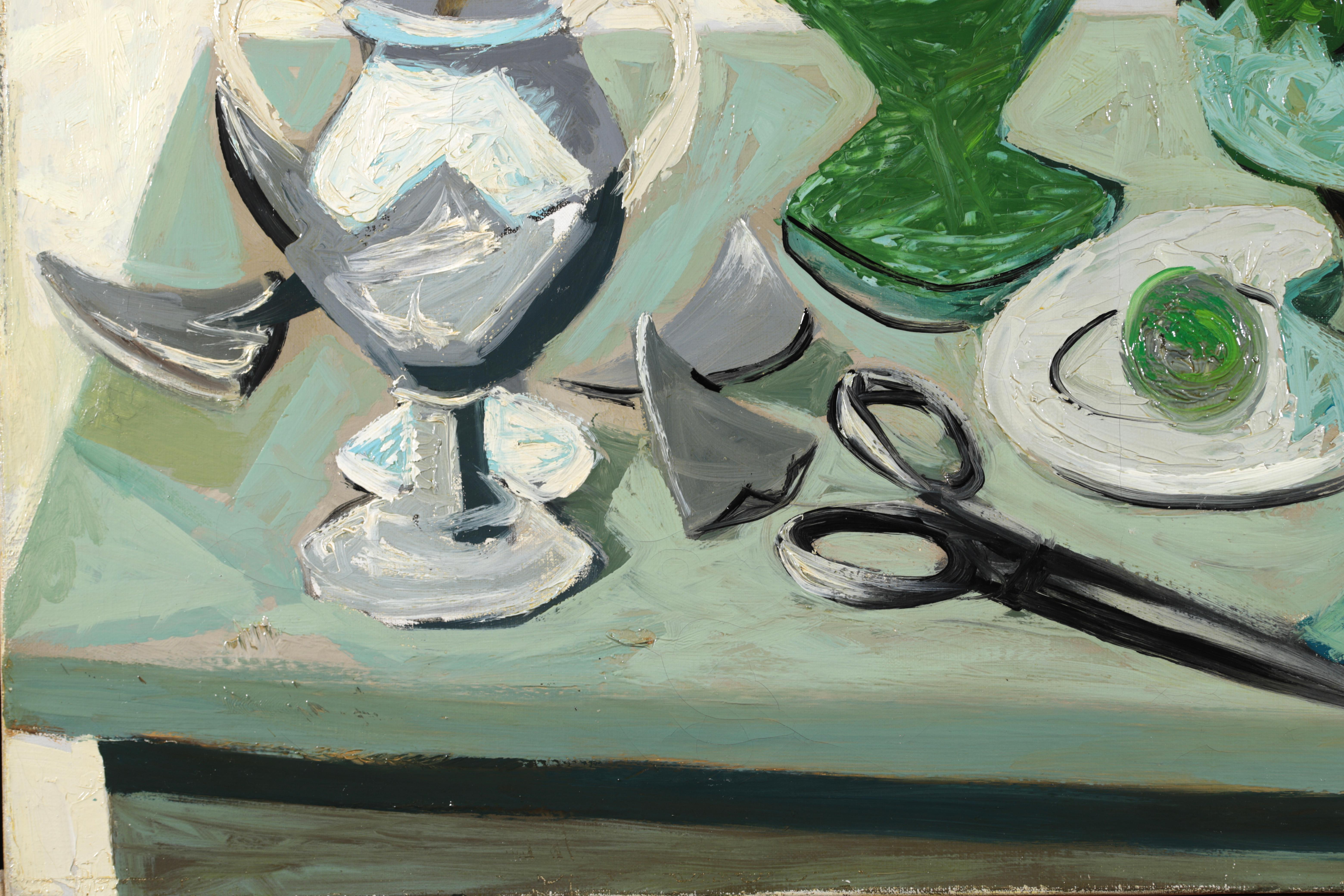 Paintbrush, Vases & Fruits - Post Cubist Still Life Oil by Claude Venard For Sale 4