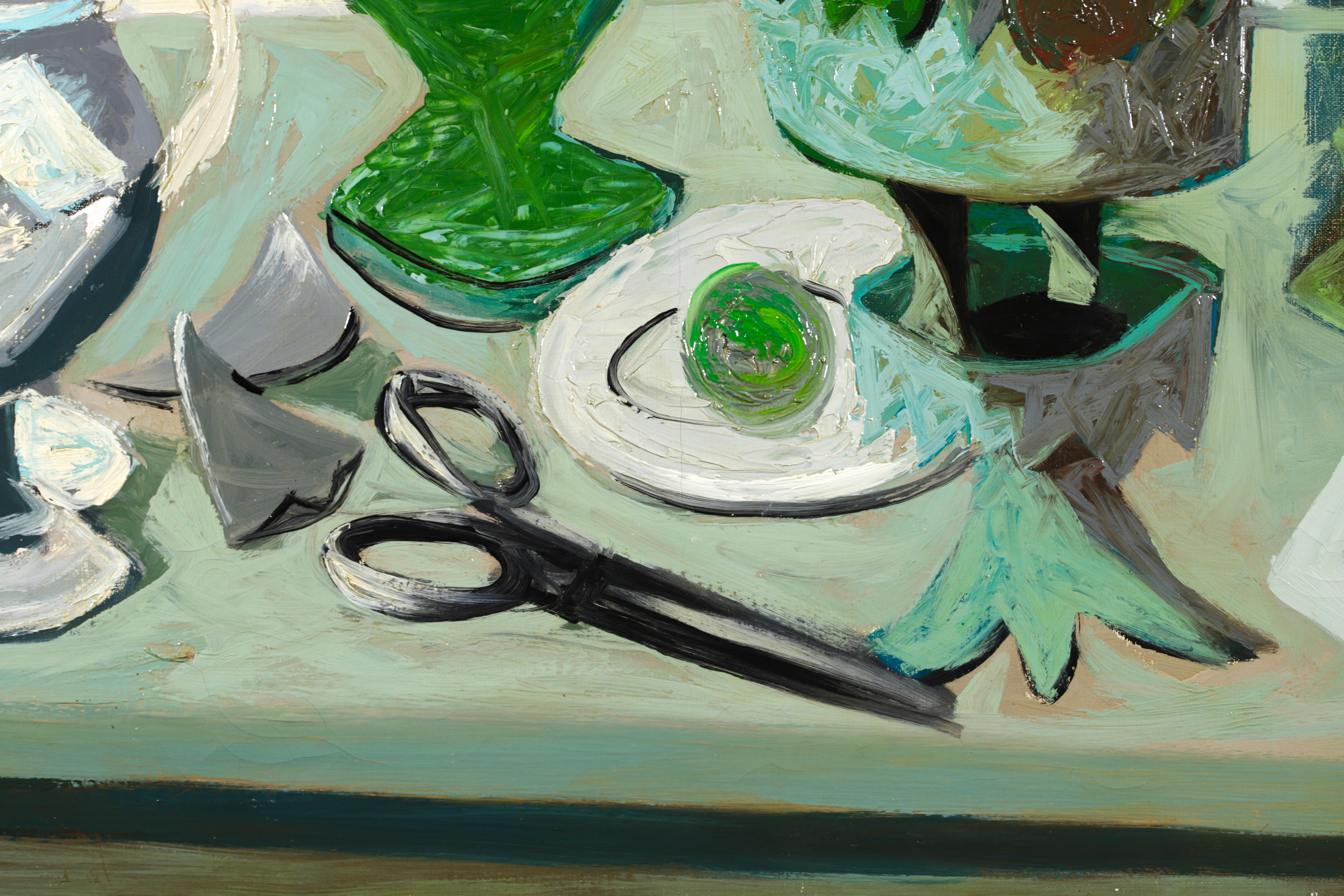 Paintbrush, Vases & Fruits - Post Cubist Still Life Oil by Claude Venard For Sale 5