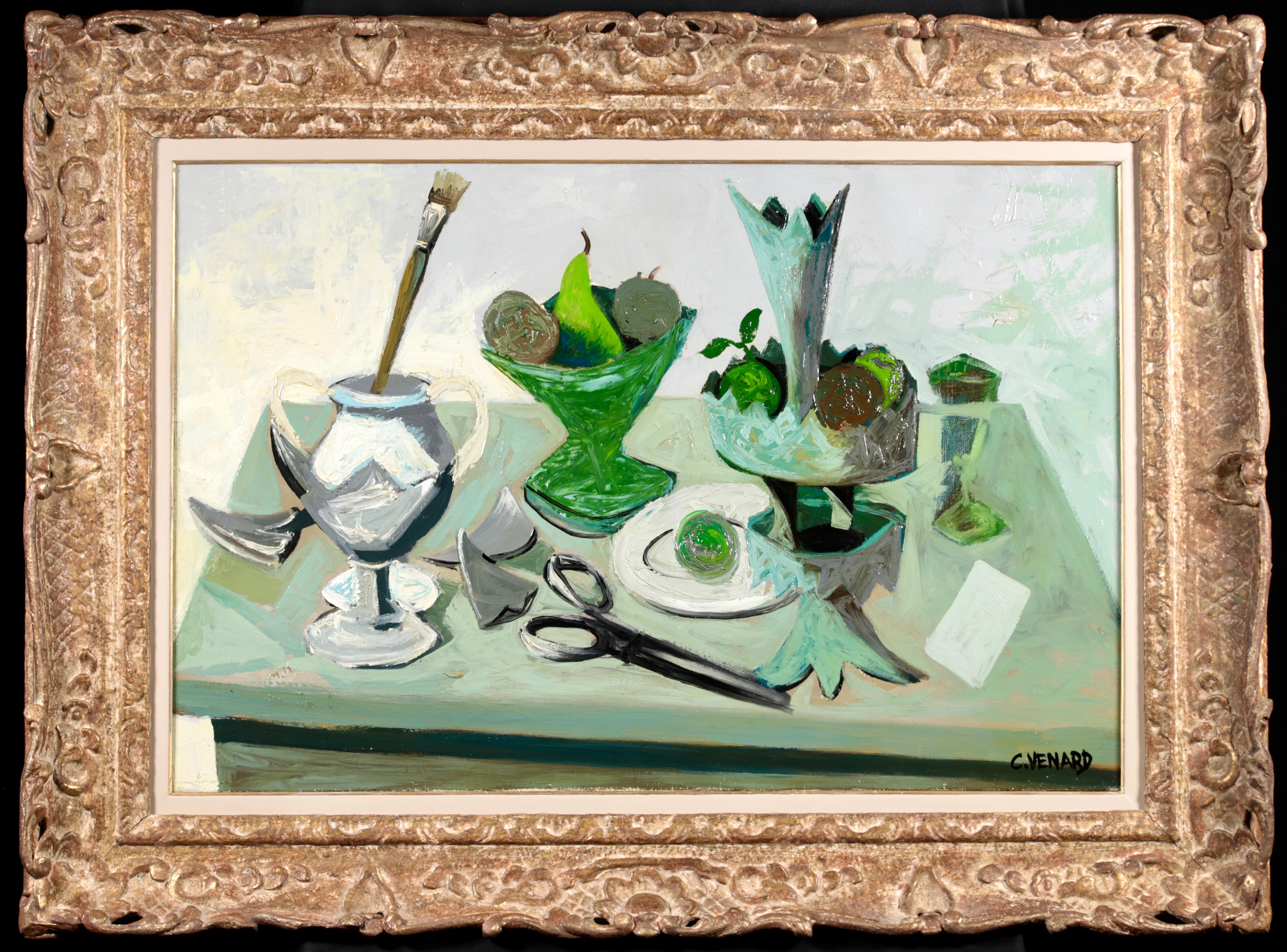 Claude Vénard Still-Life Painting - Paintbrush, Vases & Fruits - Post Cubist Still Life Oil by Claude Venard