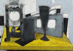 'Pendule et Verre' Pintura abstracta de bodegón, amarillo, blanco y negro