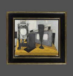 Pendule et Verre Abstract Still Life painting, yellow, goblet, interior