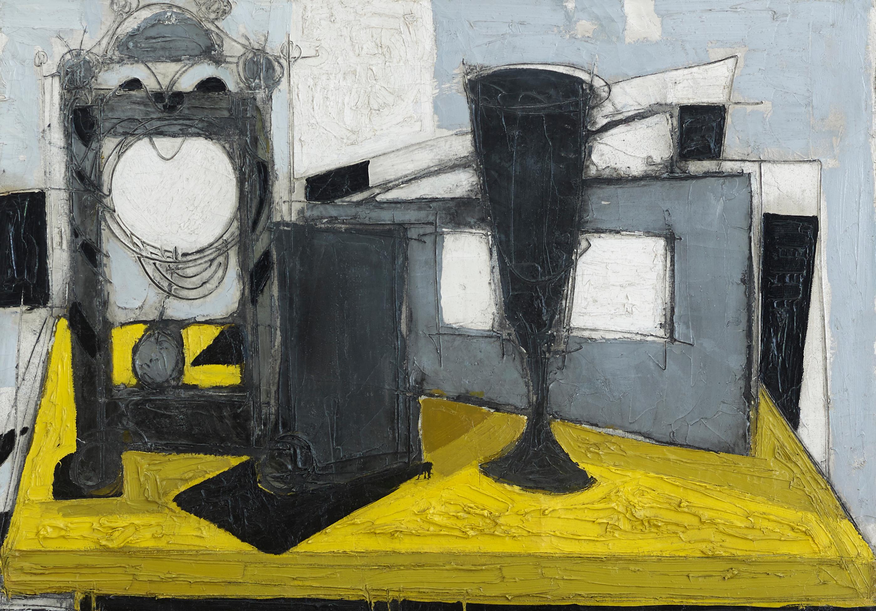 Claude Vénard Still-Life Painting - Pendule et Verre Abstract Still Life painting, yellow, goblet, interior