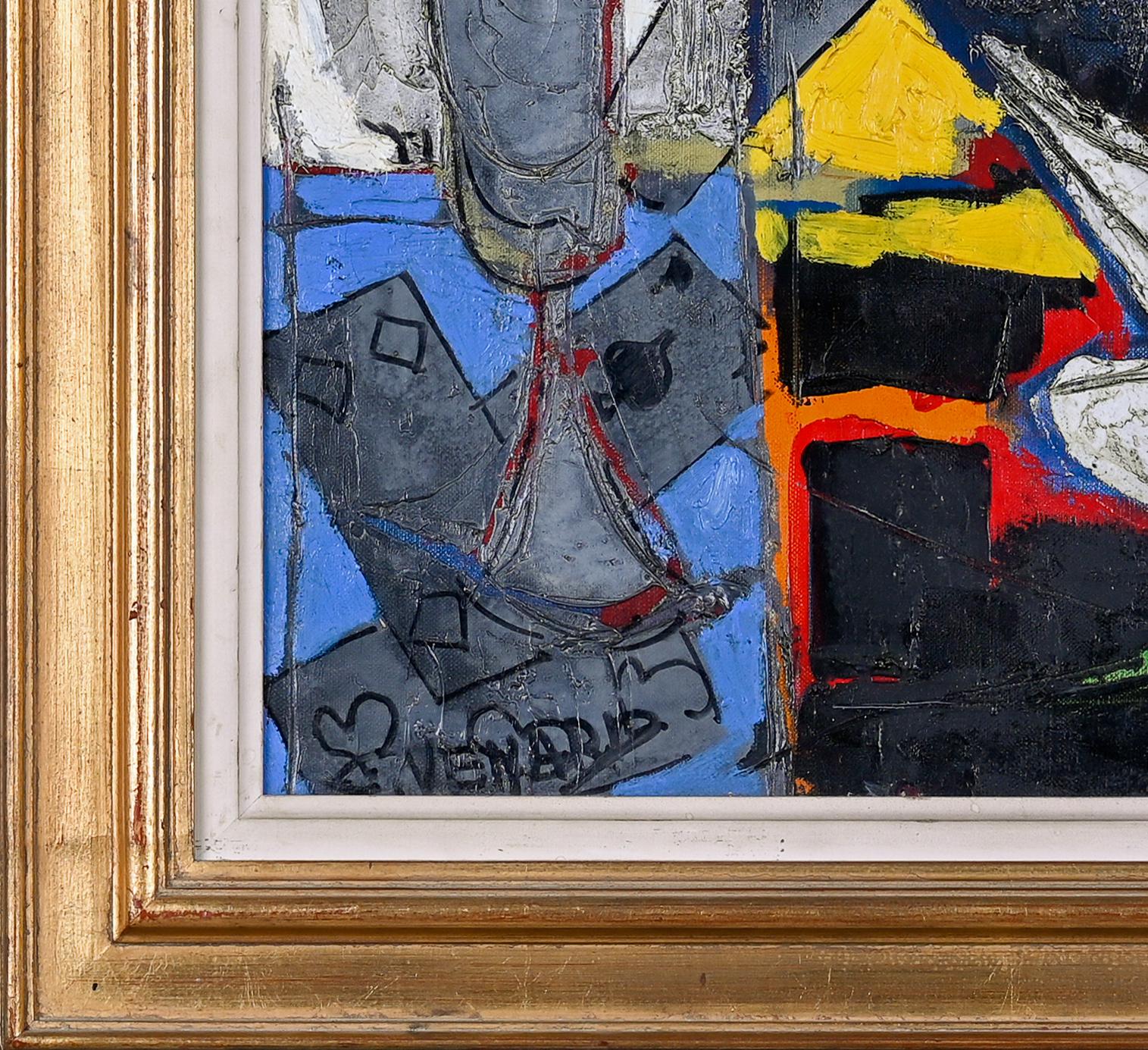 'Carte da gioco' è una natura morta astratta del XX secolo con frutta, una ciotola e un mazzo di carte da gioco. Un'opera sorprendentemente vibrante, che si distingue per il ricco uso della texture e dell'impasto, che gioca un ruolo fondamentale