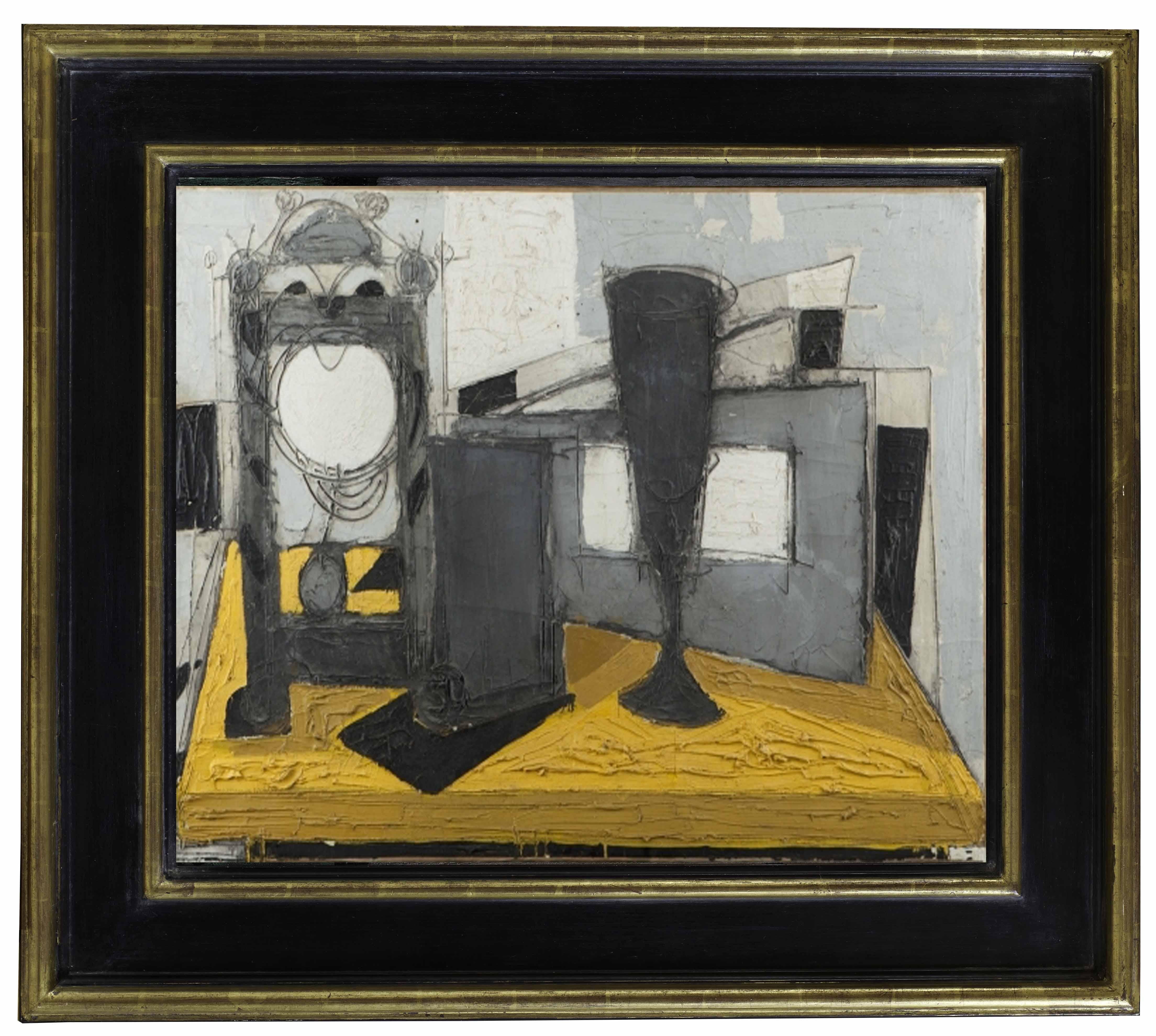 Post-Cubist 20th Century Still-Life painting 'Pendule et Verre' Yellow & Black - Painting by Claude Vénard