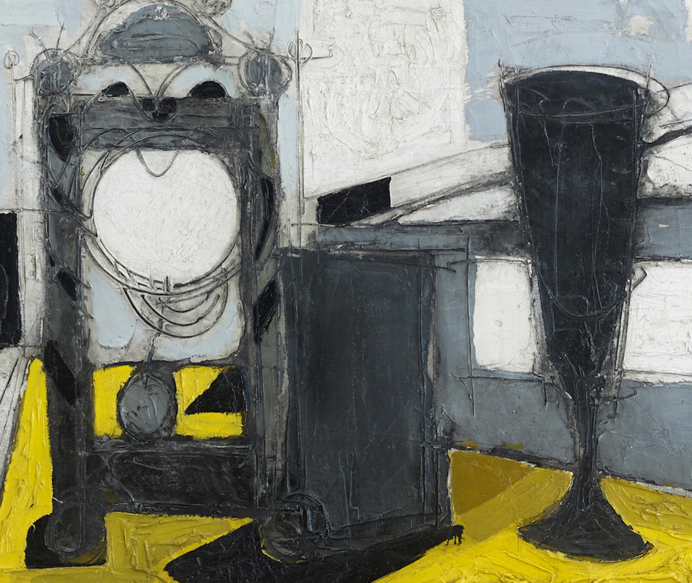 Post-Cubist 20th Century Still-Life painting 'Pendule et Verre' Yellow & Black For Sale 2