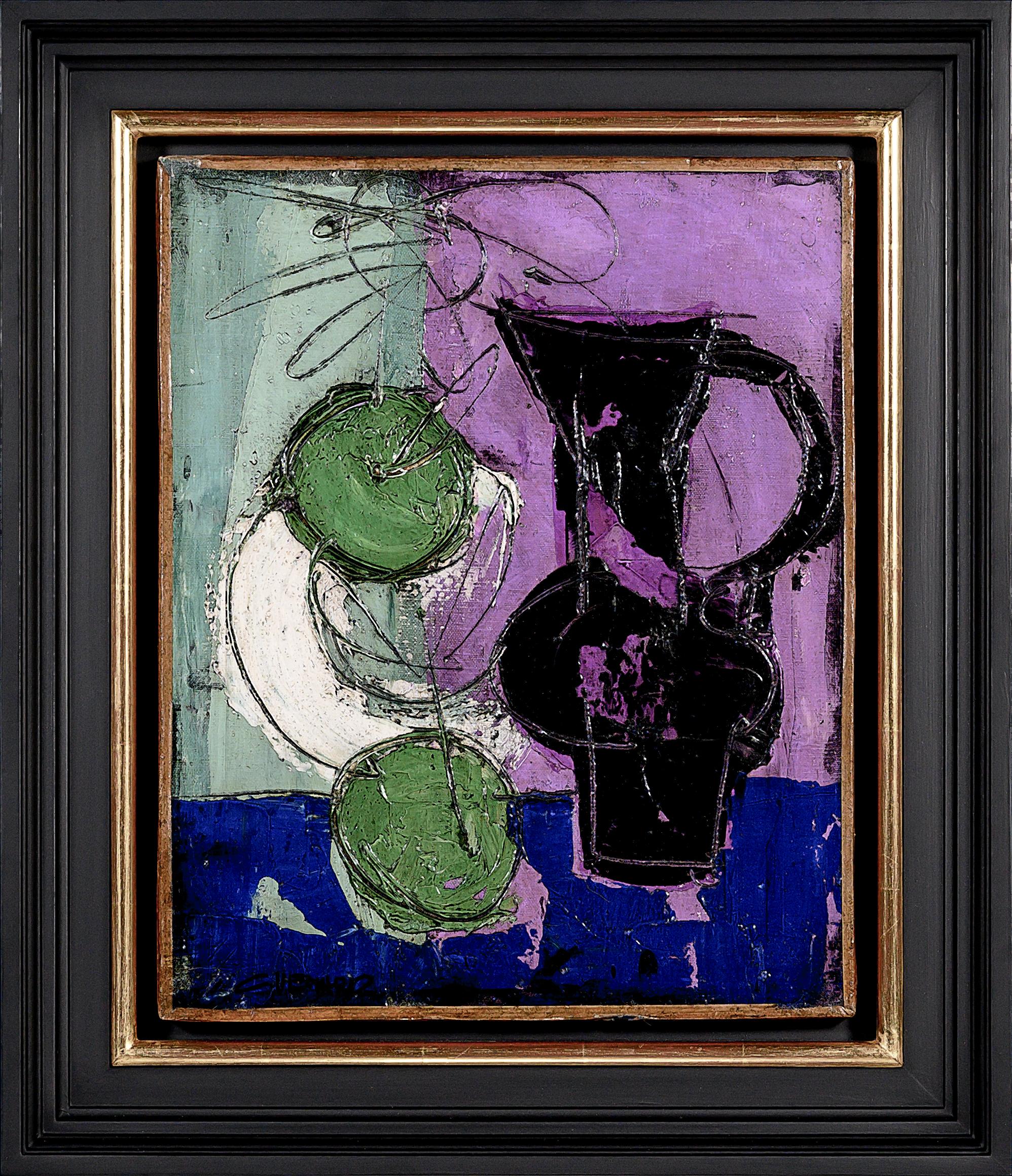 'Pot Noir' Quadro di natura morta astratto del XX secolo, verde, viola, blu - Painting di Claude Vénard