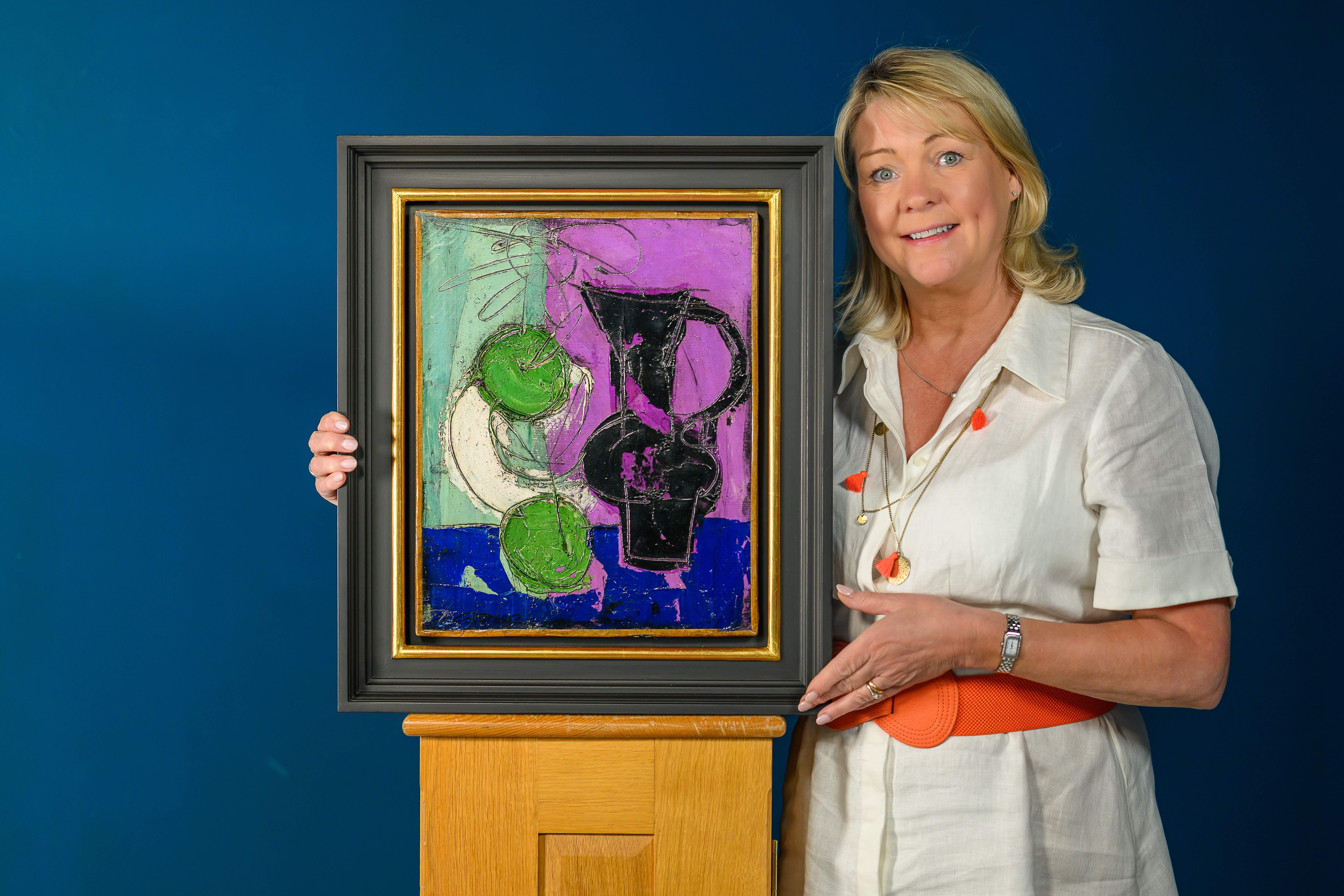 'Pot Noir' Quadro di natura morta astratto del XX secolo, verde, viola, blu - Painting Astratto di Claude Vénard