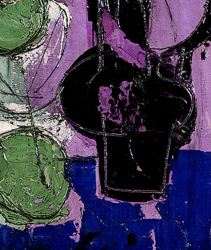 'Pot Noir' Quadro di natura morta astratto del XX secolo, verde, viola, blu - Still-Life Painting Nero di Claude Vénard