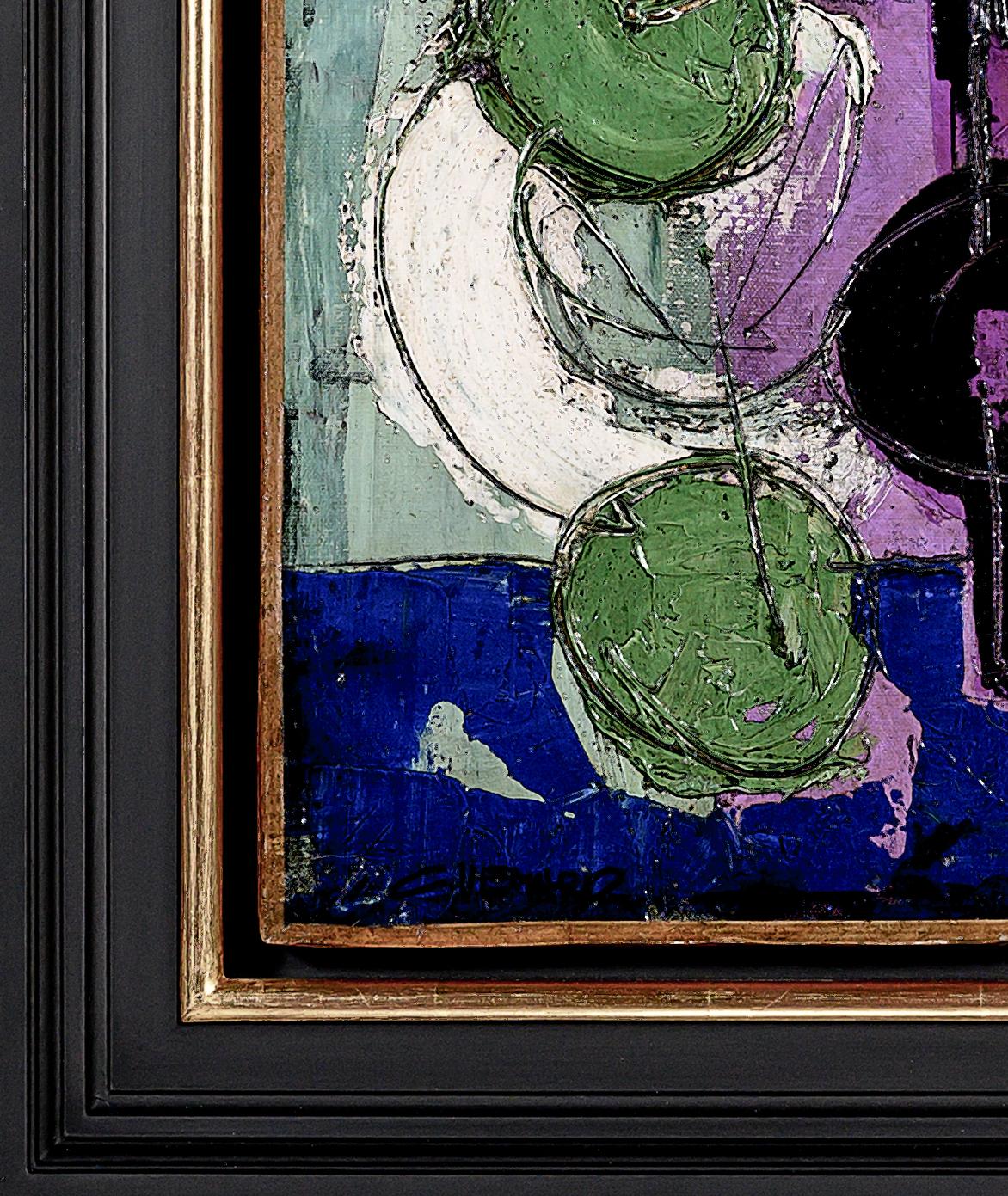 'Pot Noir' è un'opera sorprendente, audace e vibrante. La tavolozza colorata di viola, verde e nero crea un contrasto drammatico ma armonioso. L'uso dell'imaspto spesso da parte di Venards esalta la qualità tattile del dipinto e del suo soggetto,