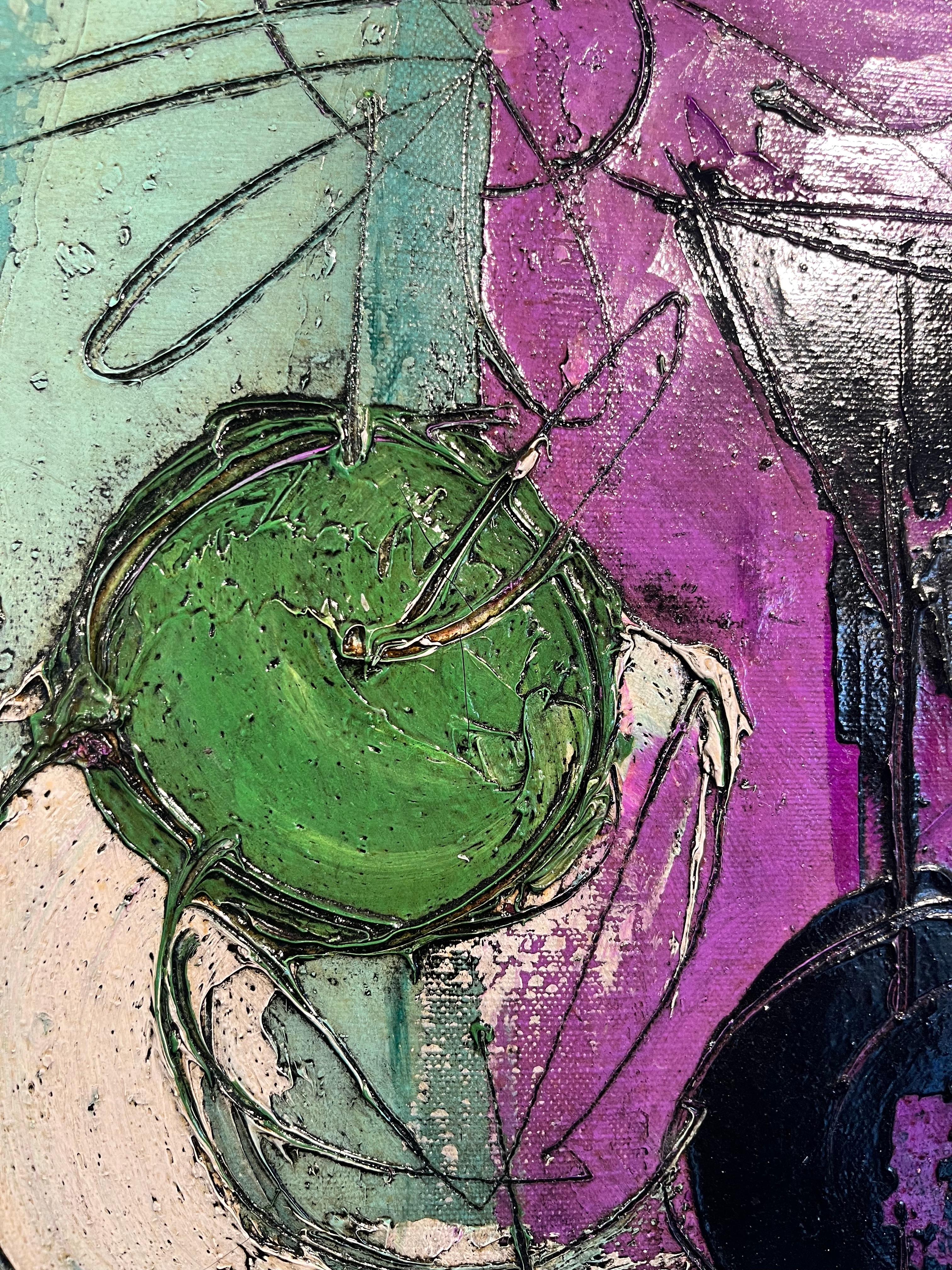 'Pot Noir' Quadro di natura morta astratto del XX secolo, verde, viola, blu in vendita 2