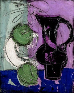 'Pot Noir' Pintura abstracta del siglo XX Bodegón, verde, morado, azul