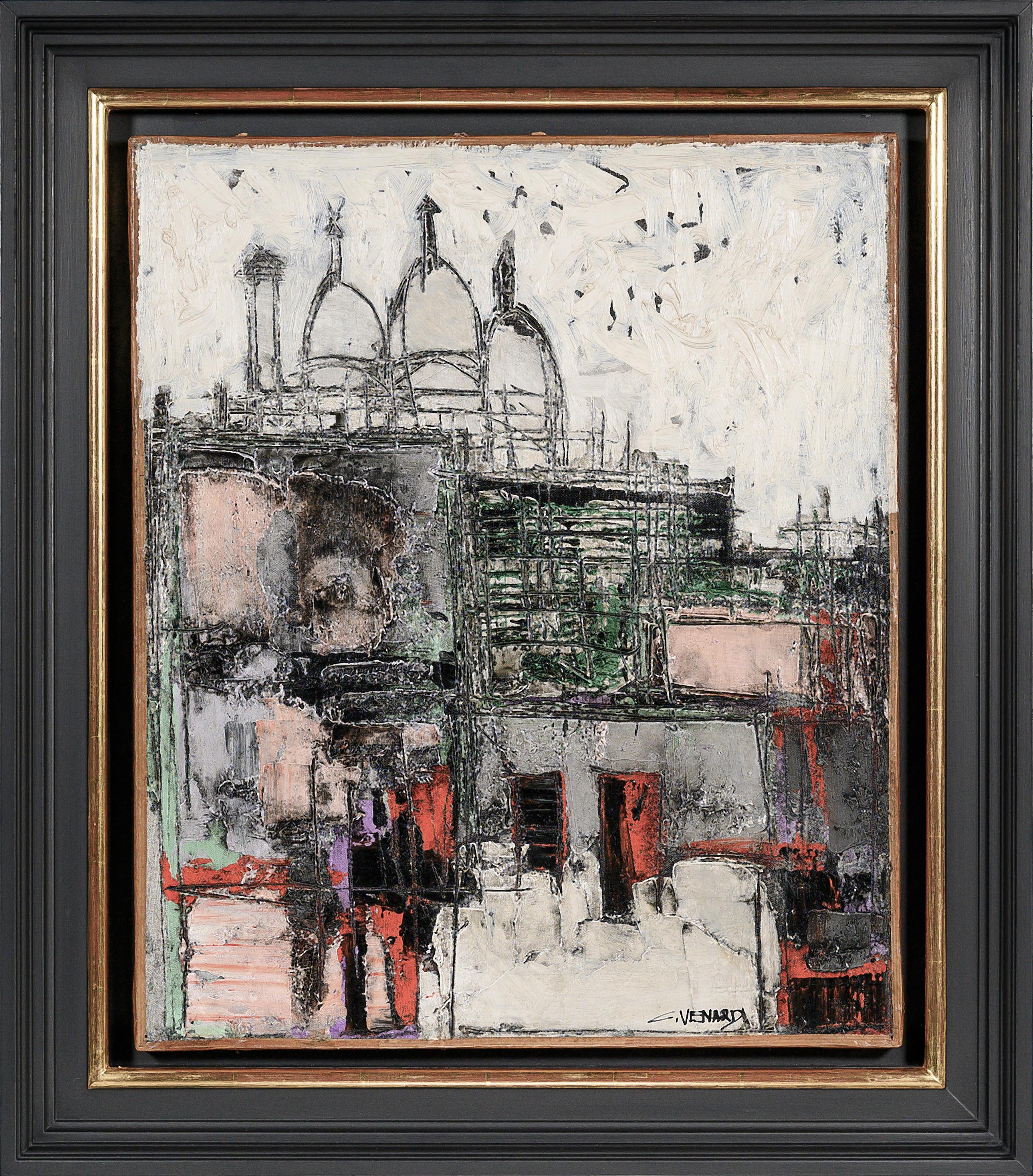 Sacro Cuore, Cieli Rosa' Parigi 20° secolo dipinto paesaggistico, rosso, rosa, bianco - Painting di Claude Vénard