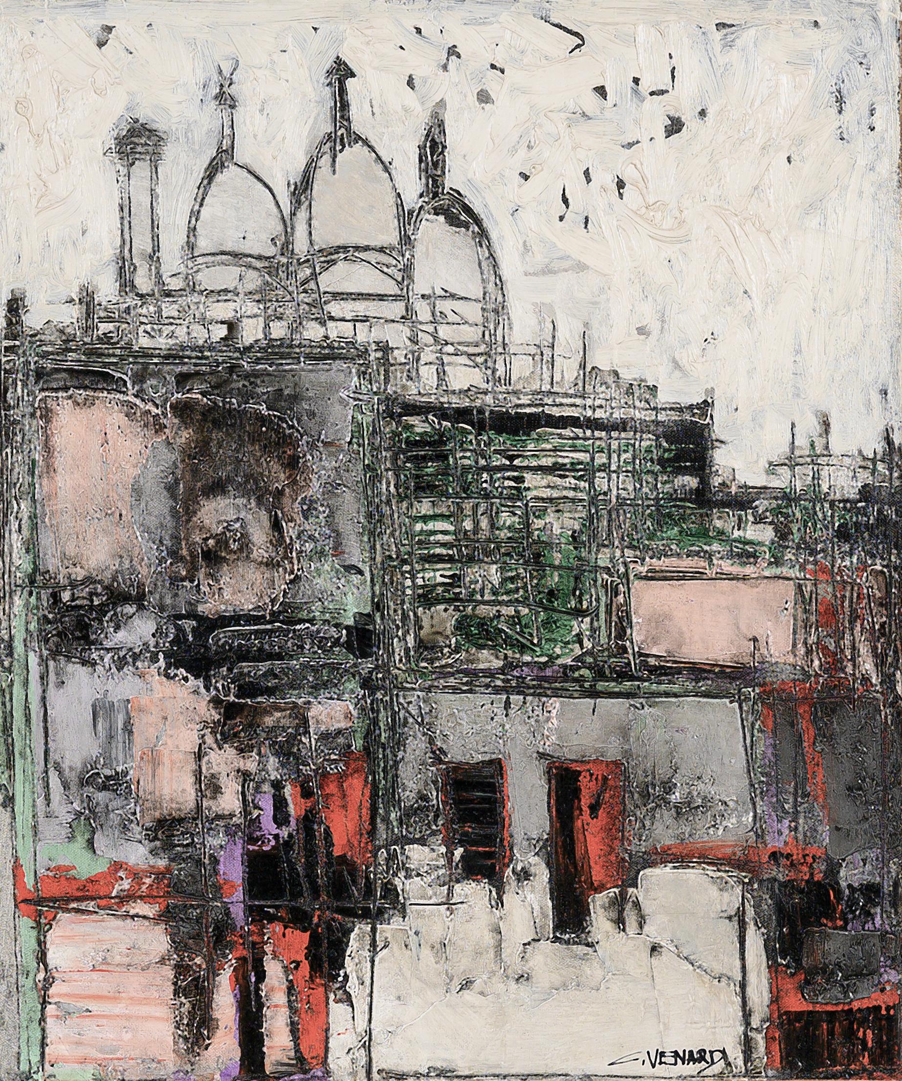 Abstract Painting di Claude Vénard - Sacro Cuore, Cieli Rosa' Parigi 20° secolo dipinto paesaggistico, rosso, rosa, bianco