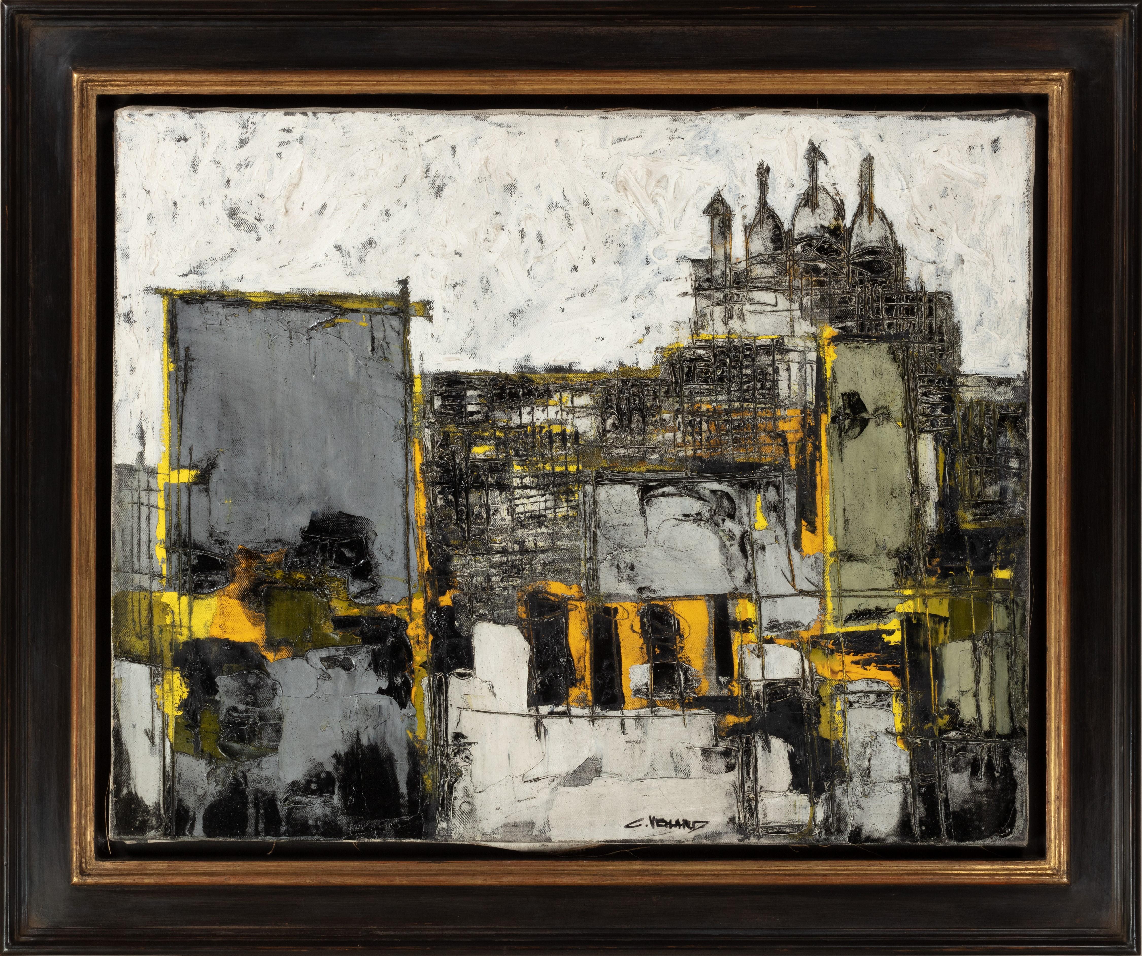 'Sacre Coeur, Sunset' 20th Century Abstract painting of Paris, yellow, black - Painting by Claude Vénard
