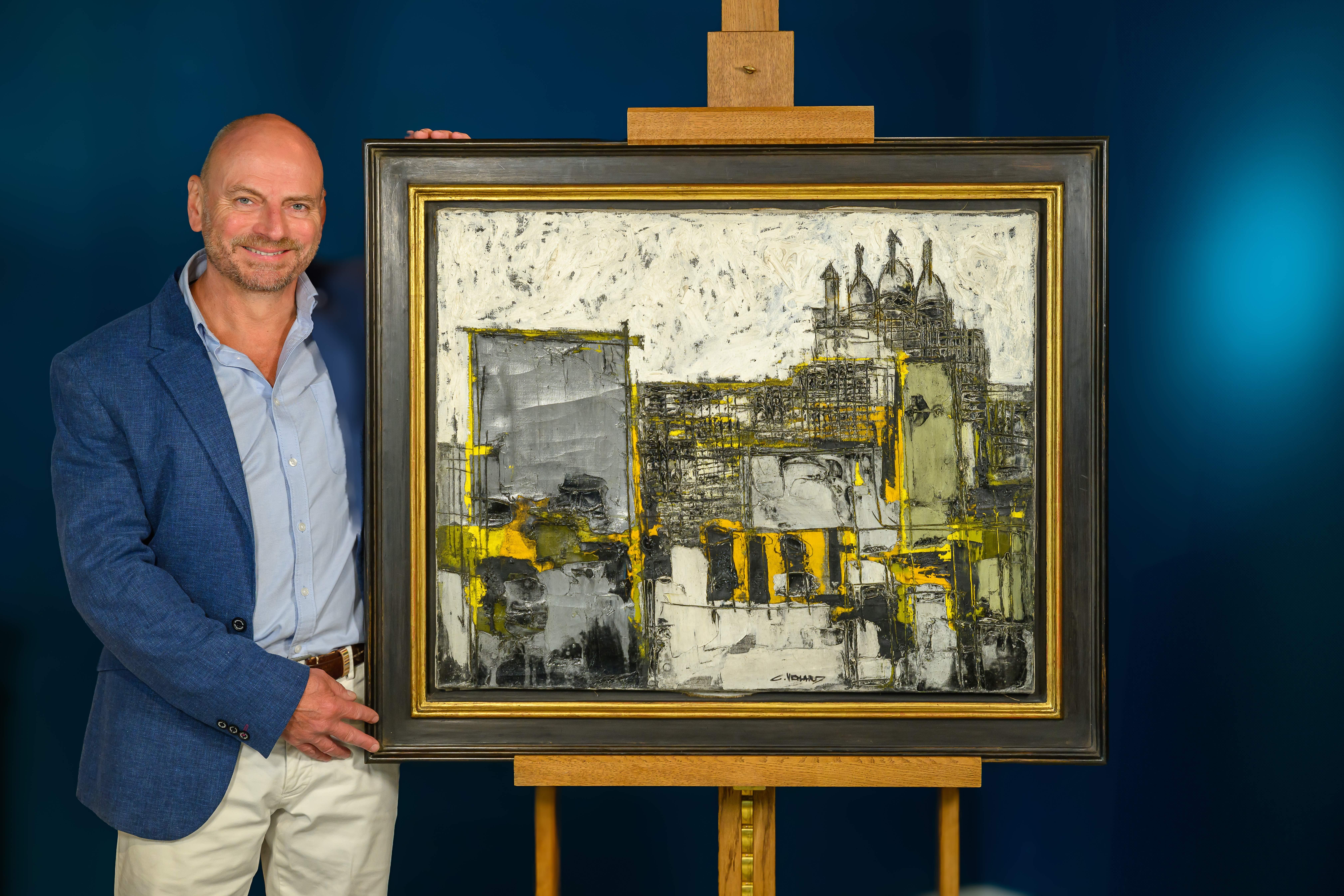 'Sacre Coeur, Sunset' 20th Century Abstract painting of Paris, yellow, black - Black Abstract Painting by Claude Vénard