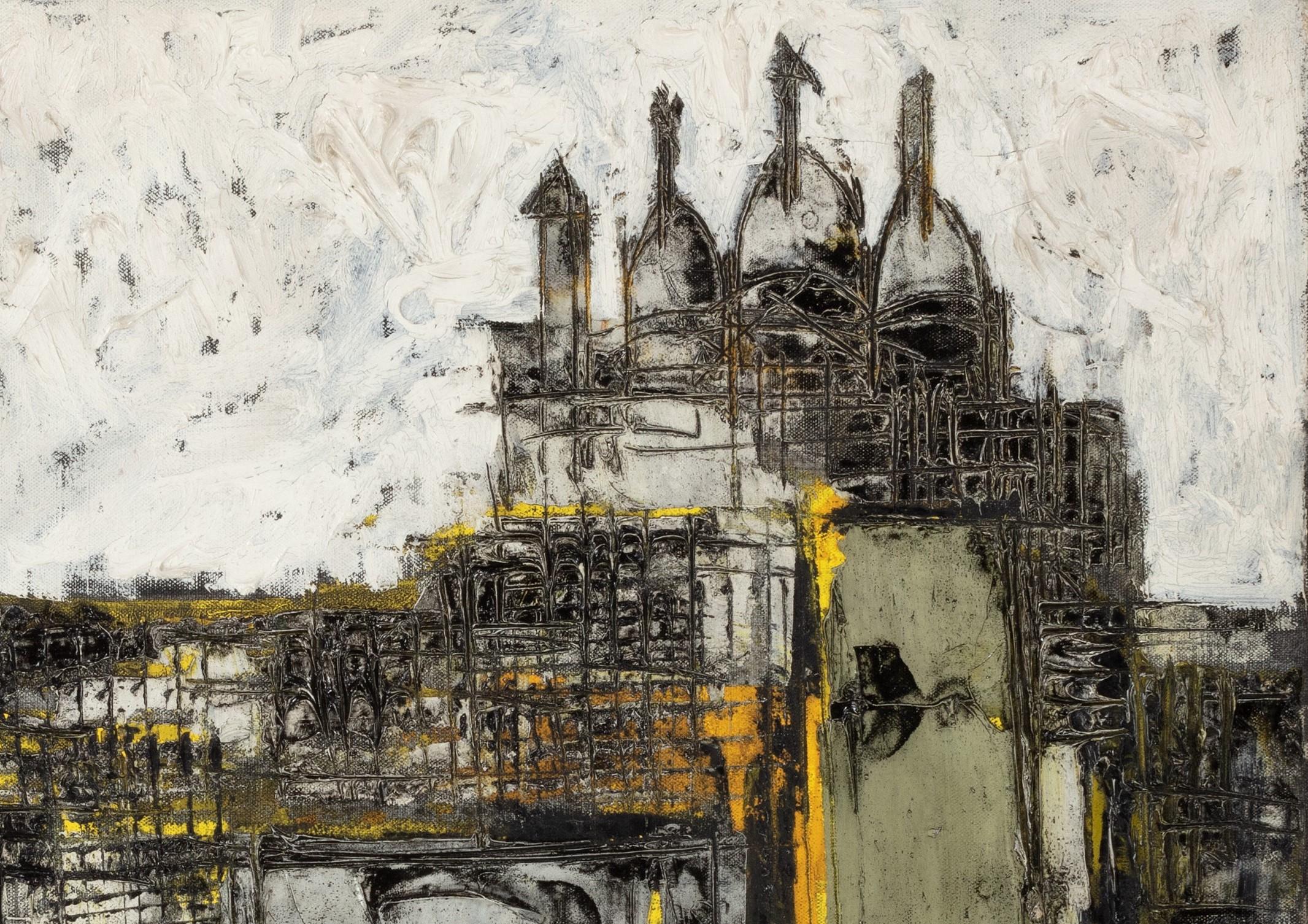 'Sacre Coeur, Sunset' 20th Century Abstract painting of Paris, yellow, black For Sale 1