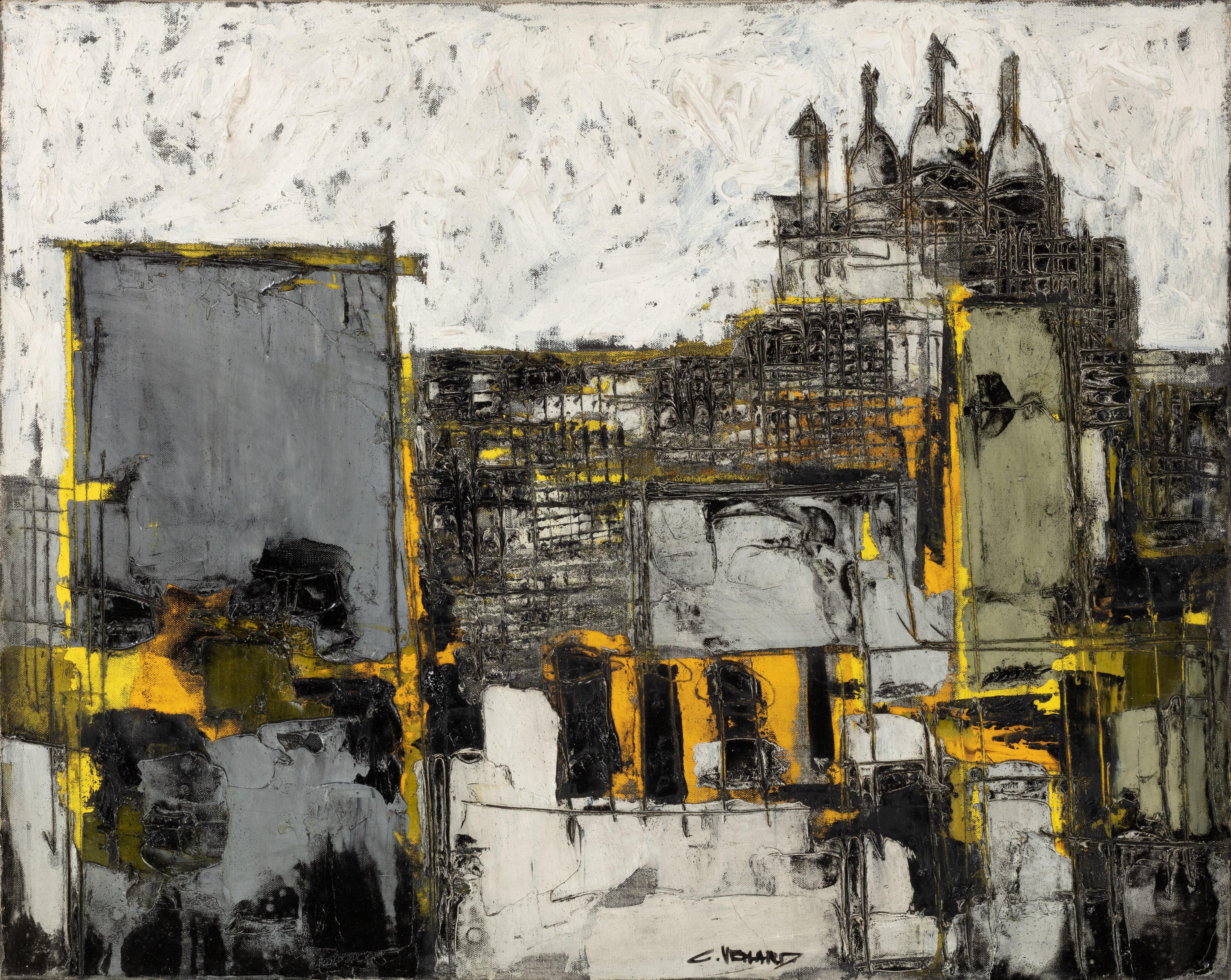 Claude Vénard Abstract Painting - 'Sacre Coeur, Sunset' 20th Century Abstract painting of Paris, yellow, black