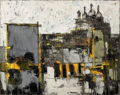 Sacre Coeur, coucher de soleil 20e siècle Peinture abstraite de Paris, jaune, noir