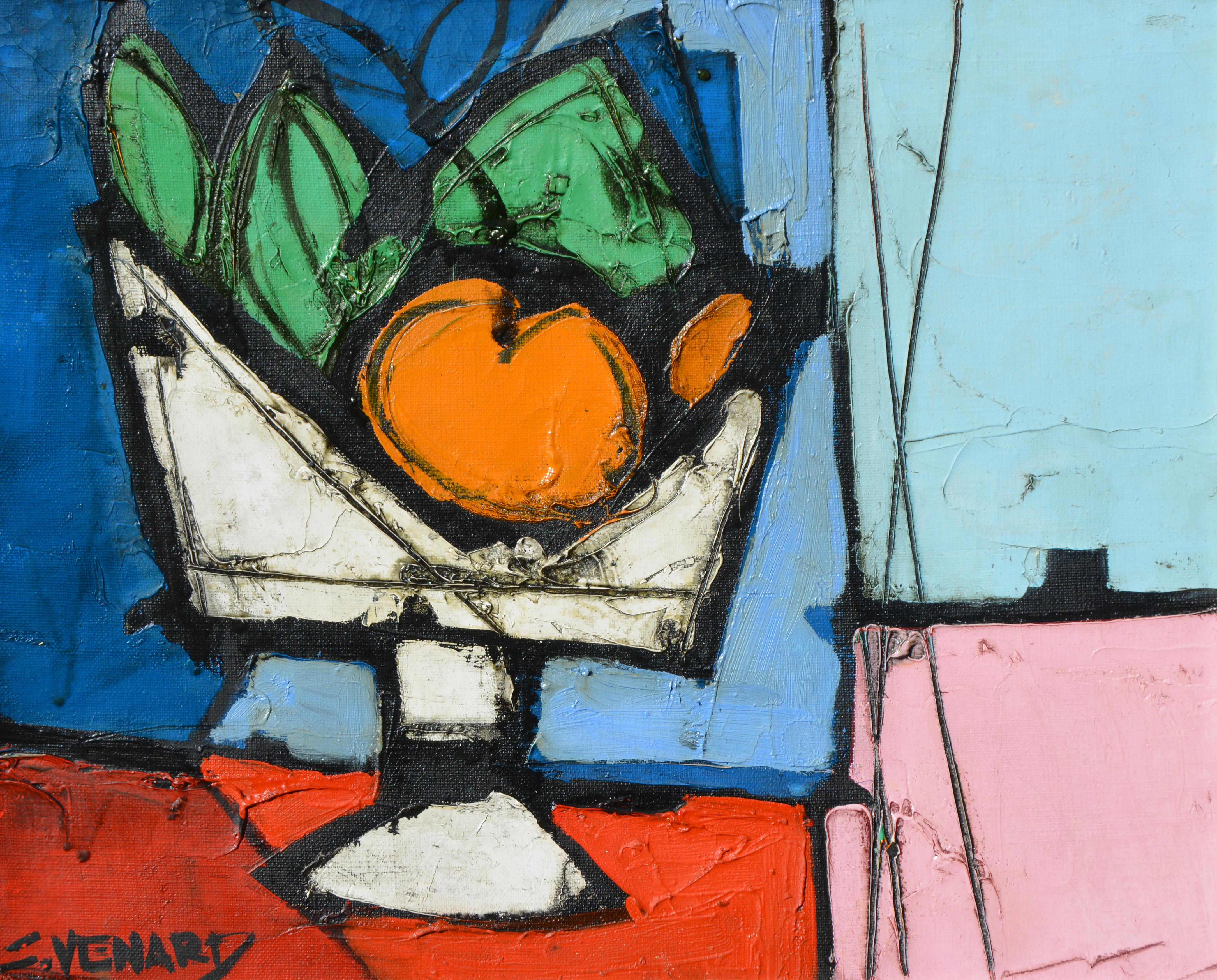 Claude Vénard Abstract Painting - Still Life with Fruit in White Vase