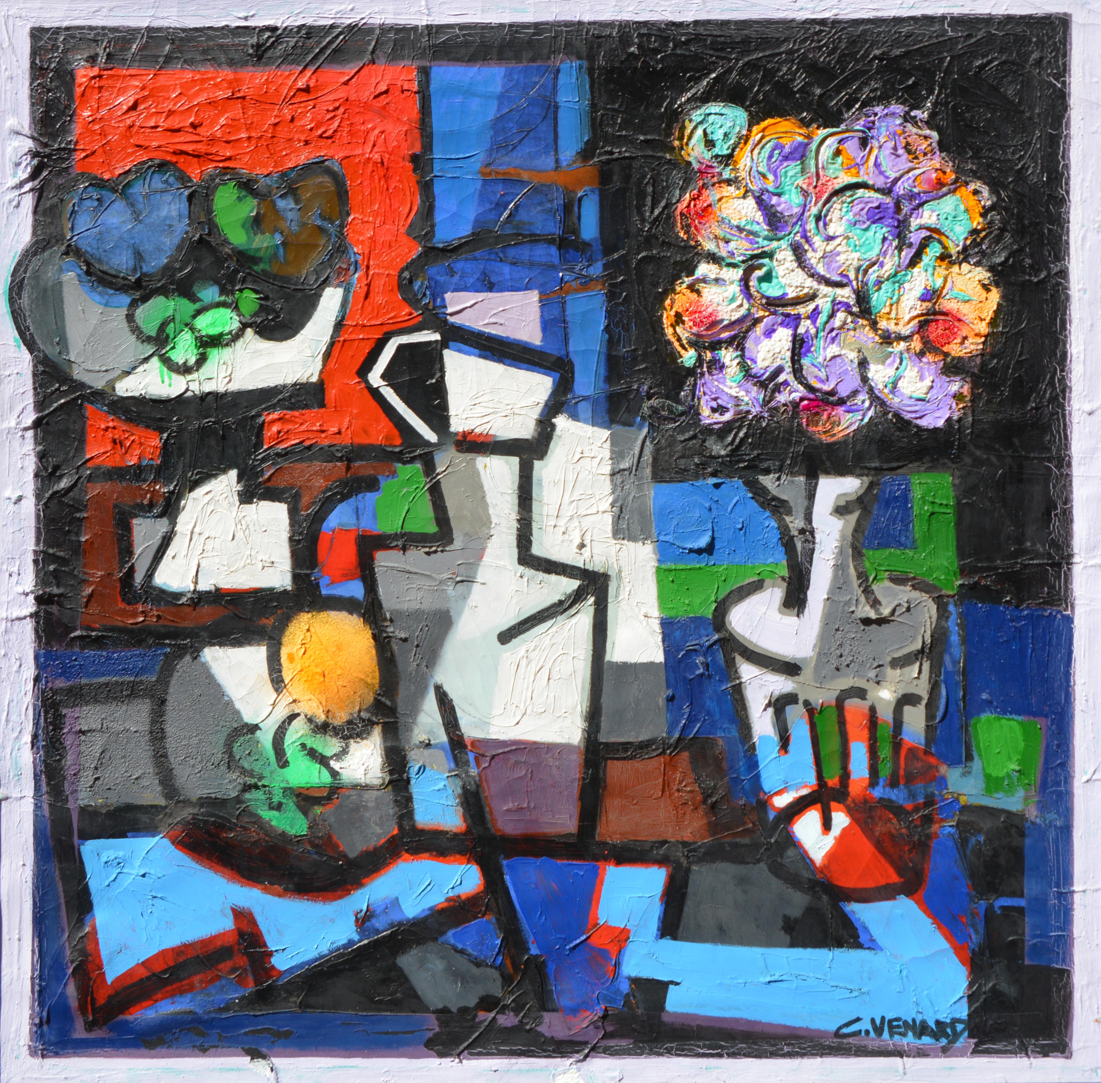 Claude Vénard Still-Life Painting - Still Life  with Vase of Flowers, Fruit and Jug, ca 1958