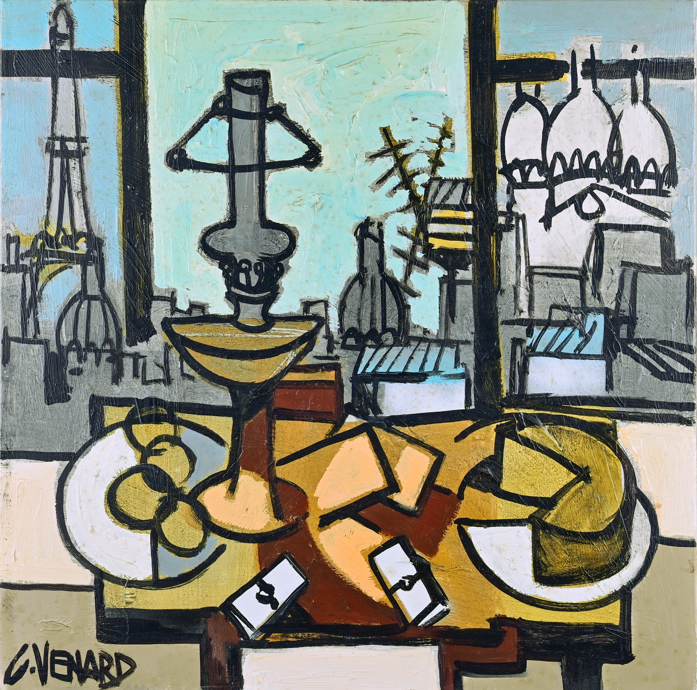 Claude Vénard Interior Painting – Abstraktes Interieurgemälde „Tour Eiffel, Sacre Coeur“ aus Paris, Eiffelturm