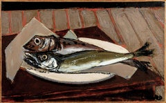 Zwei Fische 20. Jahrhundert kubistische Interieurmalerei von Tisch, Fisch, französisches Stilleben