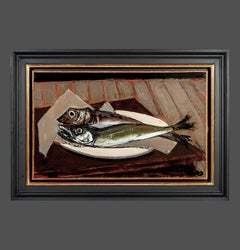 Two Fish 20th Century Cubist interior painting of table, fish, french still life