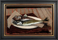 Two Fish 20th Century Cubist interior painting of table, fish, french still life