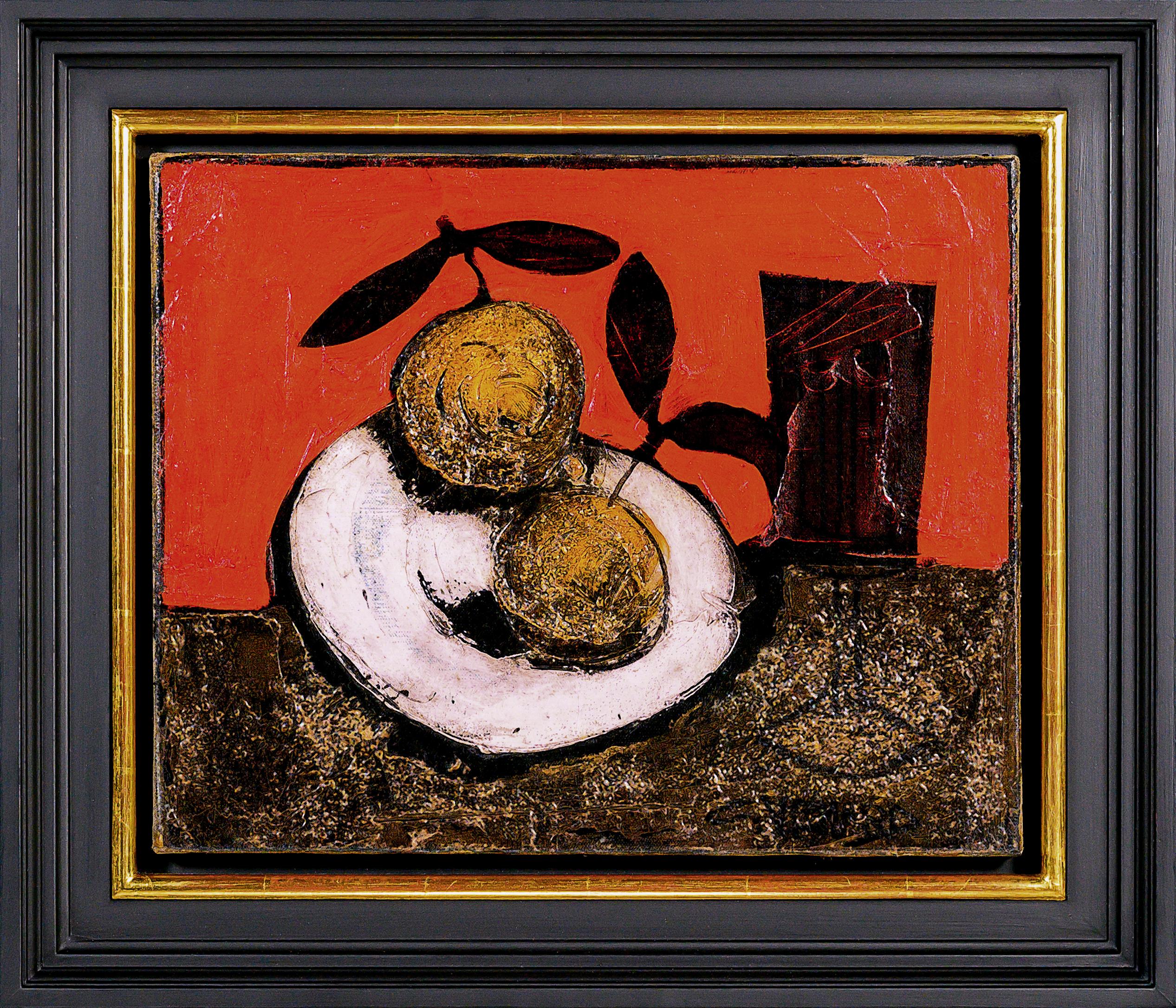 'Dos naranjas' Pintura abstracta de bodegón del siglo XX naranja, rojo y negro - Painting de Claude Vénard
