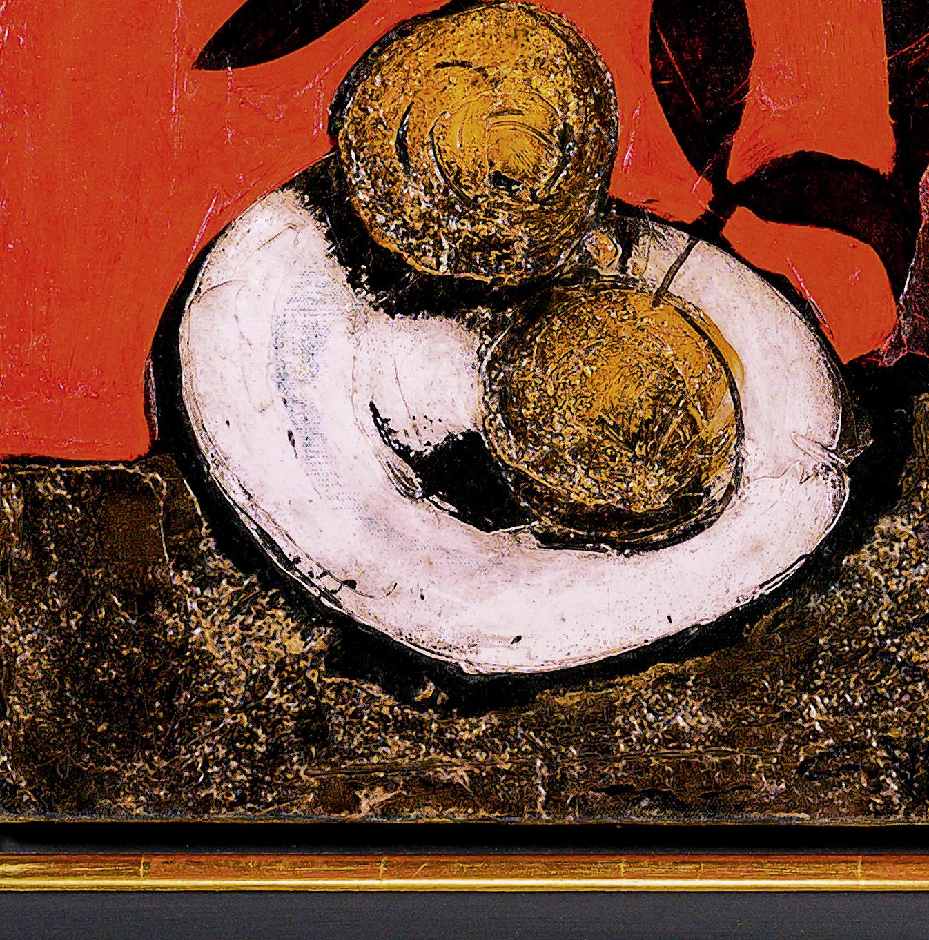 'Dos naranjas' Pintura abstracta de bodegón del siglo XX naranja, rojo y negro - Abstract Painting Marrón de Claude Vénard