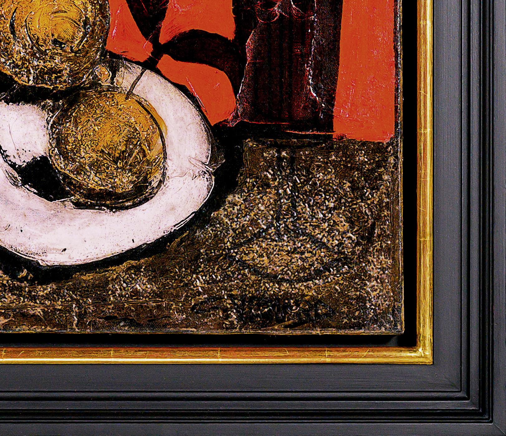 'Dos naranjas' Pintura abstracta de bodegón del siglo XX naranja, rojo y negro en venta 1