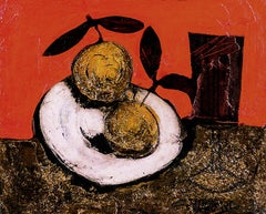 'Dos naranjas' Pintura abstracta de bodegón del siglo XX naranja, rojo y negro